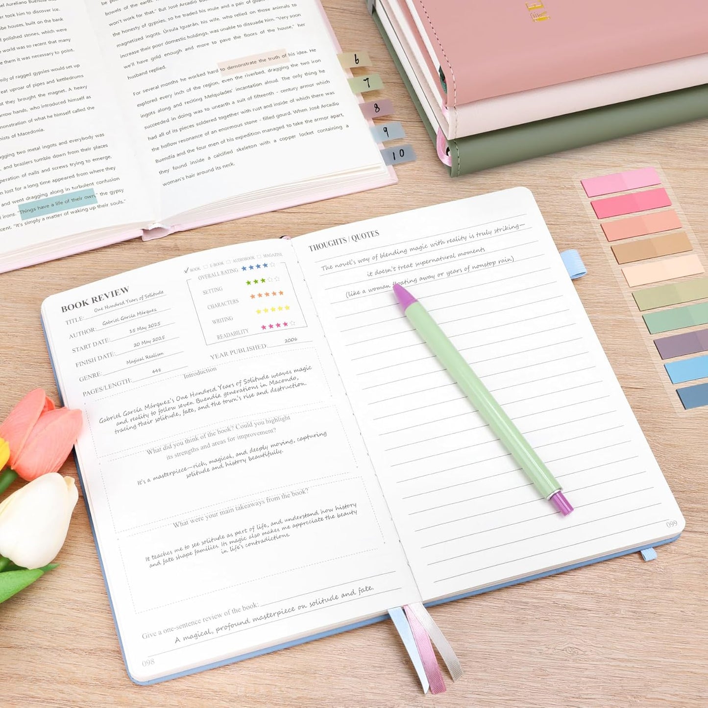 AKONEGE Reading Journal for Book Tracking - PU Leather Book Journal Reading Log with 80 Reviews for Readers, Accessories with Sticky Tabs, Pen Holder, Ribbon Bookmarks, 5.6" x 8.3", Light Blue