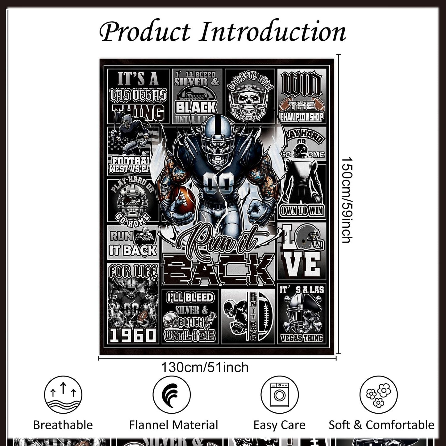 Football Throw Blanket Gifts - Sport Team Player Gift for Men, Christmas Birthday Sports Gifts for Boys Football Coach Fan Lovers, Black White Skeleton Cozy Flannel Throw Blanket 59"X 51"