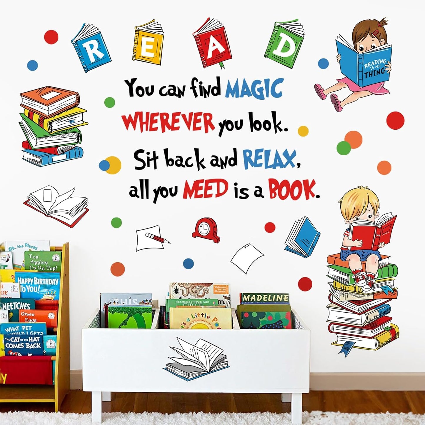 decalmile Reading Books Wall Decals Inspirational Quotes Polka Dots Wall Stickers Kids Room Classroom School Library Wall Decor