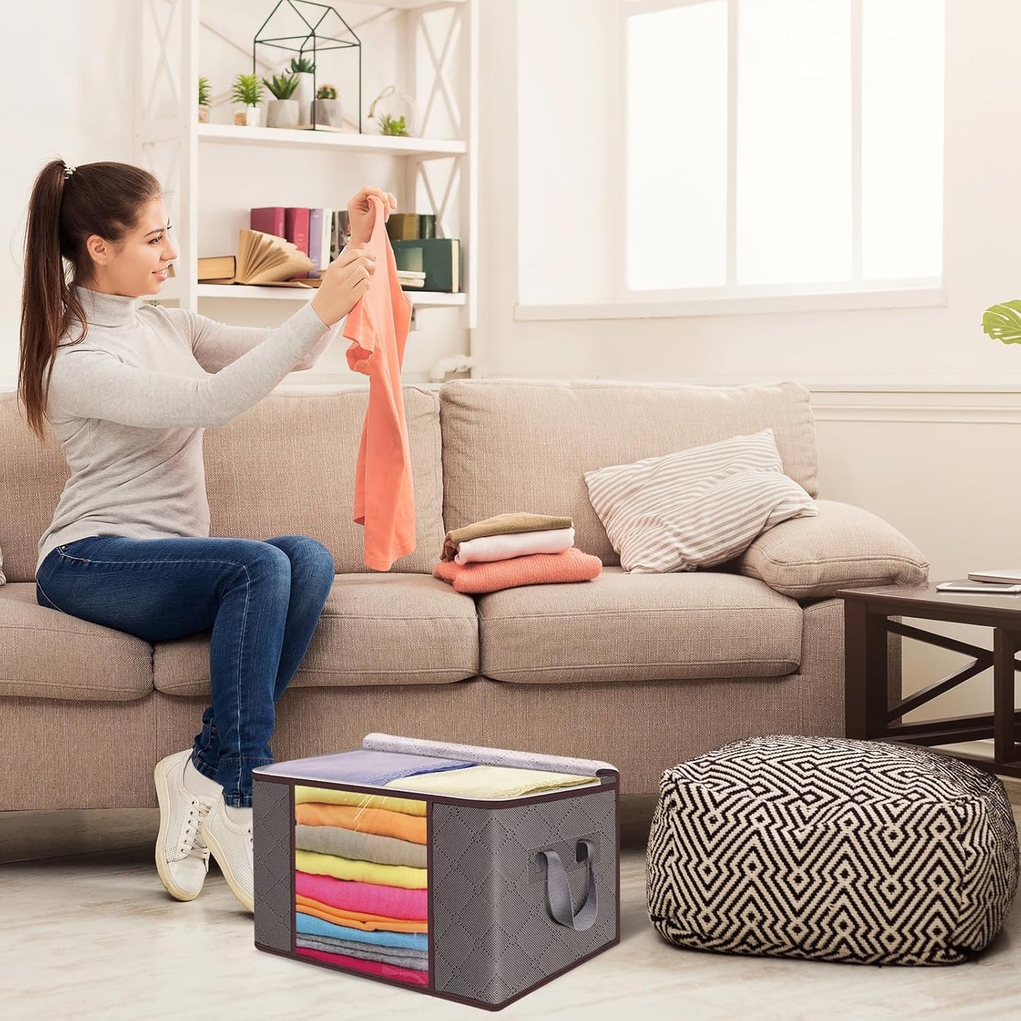 90L Large Storage Bags,6 Pack Foldable Clothes Storage Bins,Closet Organizers Storage Containers Durable Handle Thick Fabric For Bedding,Clothing, Blanket, Pillows and Toys,Grey