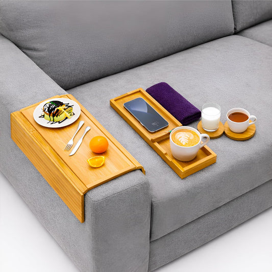 Bamboo Couch Armrest Table, Couch Arm Tray with Removable Couch Cup Holder, 2 in 1 Anti-Slip Foldable Sofa Armchair Caddy Table for Drinks Cellphone TV Remote Snacks, Anti-Slip