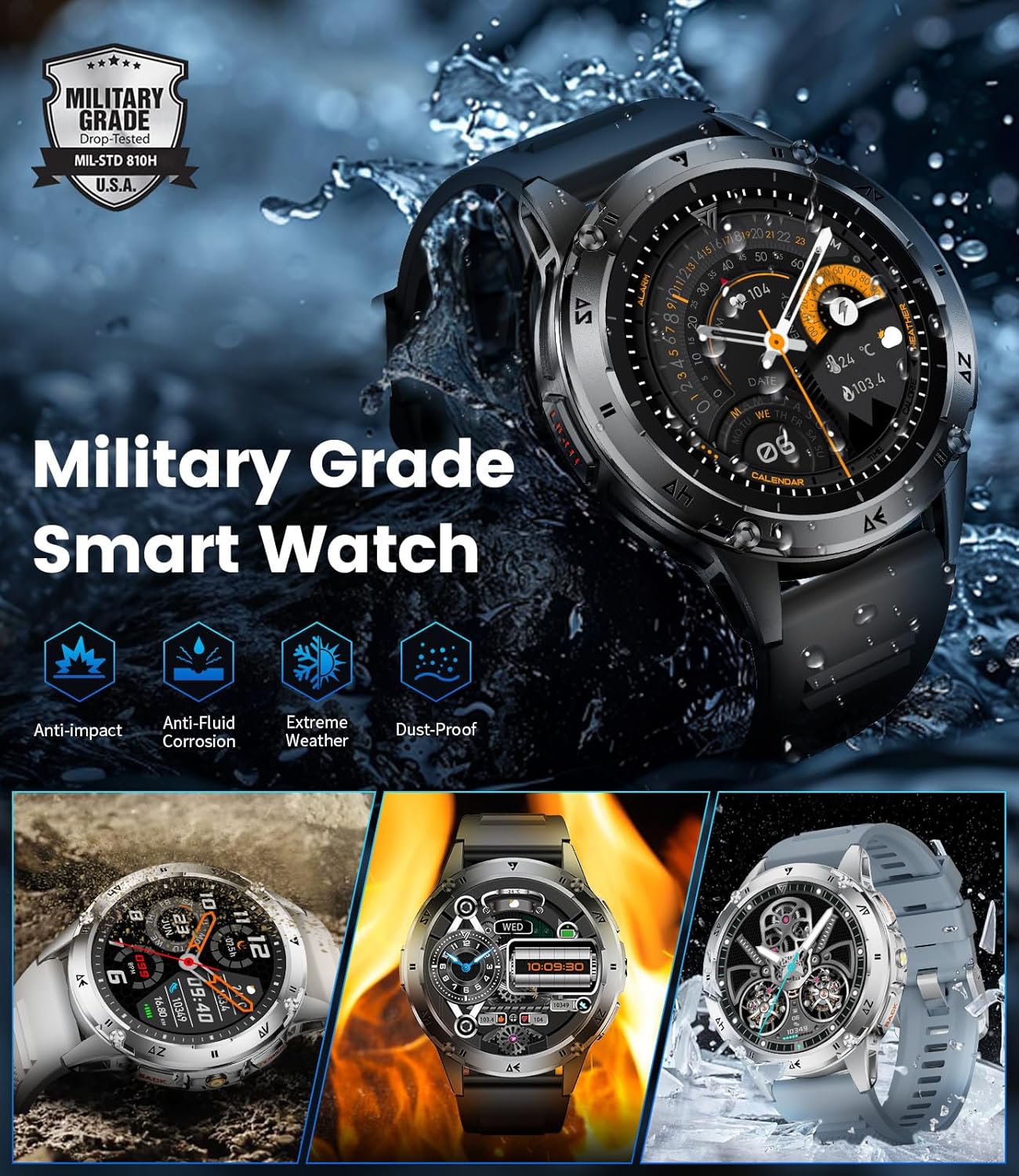 LIGE Military Smart Watch for Men iPhone Android 1.43" HD Amoled Rugged 120+ Sport Modes IP68 Waterproof Answer/Make Call Fitness Running Heart Rate Blood Pressure Health Mens Smartwatch EF6-A