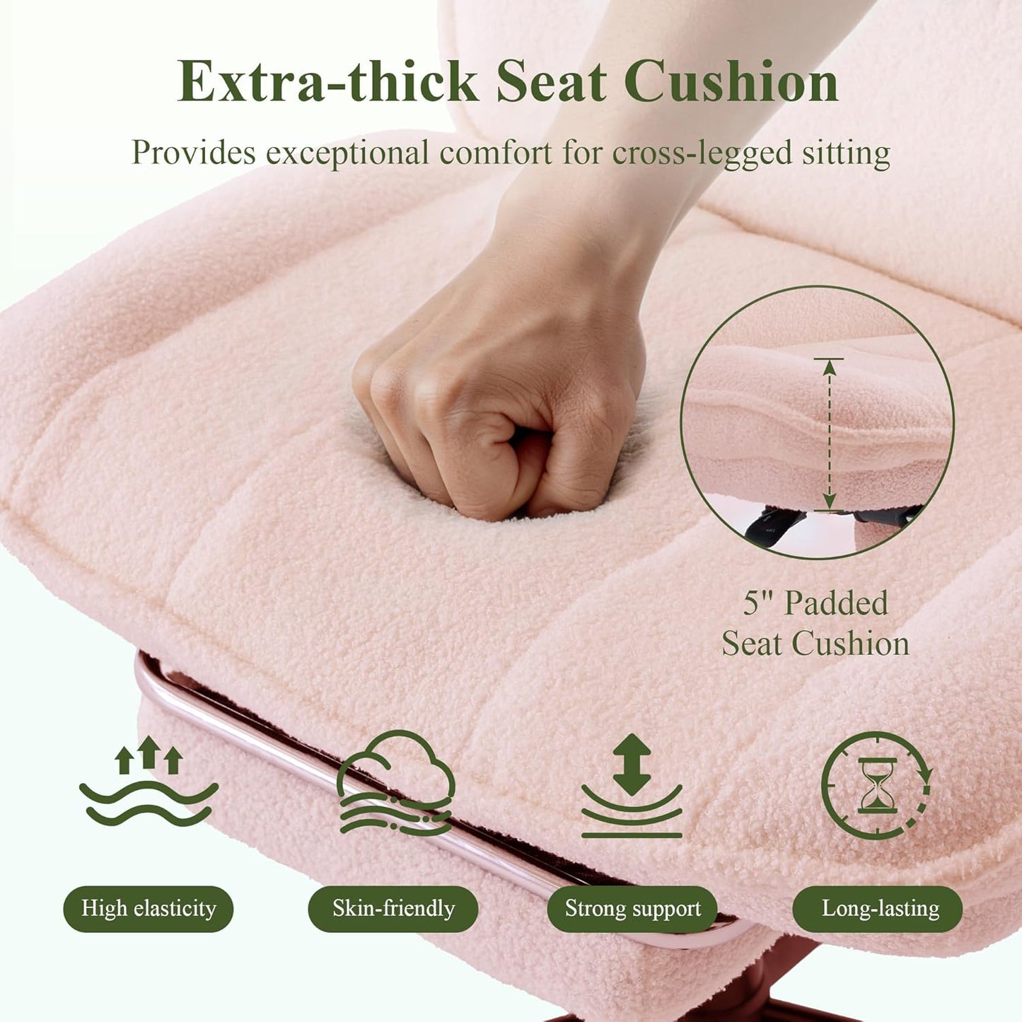 Criss Cross Chair with Wheels, Wide Seat Cross Legged Office Chair with Footrest, Adjustable Headrest & Reclining Backrest, Upholstered Ergonomic Desk Chair for Home Office, Gaming, Vanity (Pink)