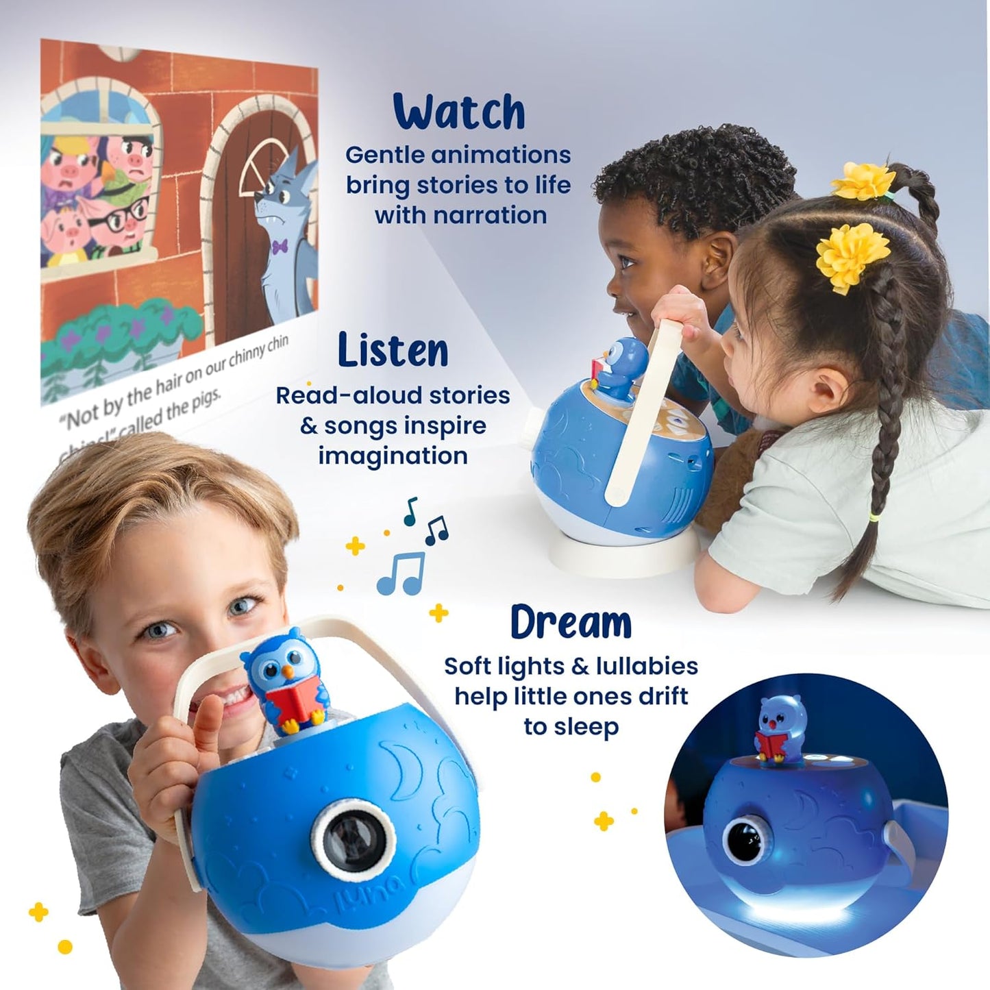 Kids Book Projector - 5 Read-Aloud Stories, 5 Songs, Night Light & Soothing Dream Music | Children Ages 3+ Storytime Projector for Kids & Toddlers | Educational Toys, Owl