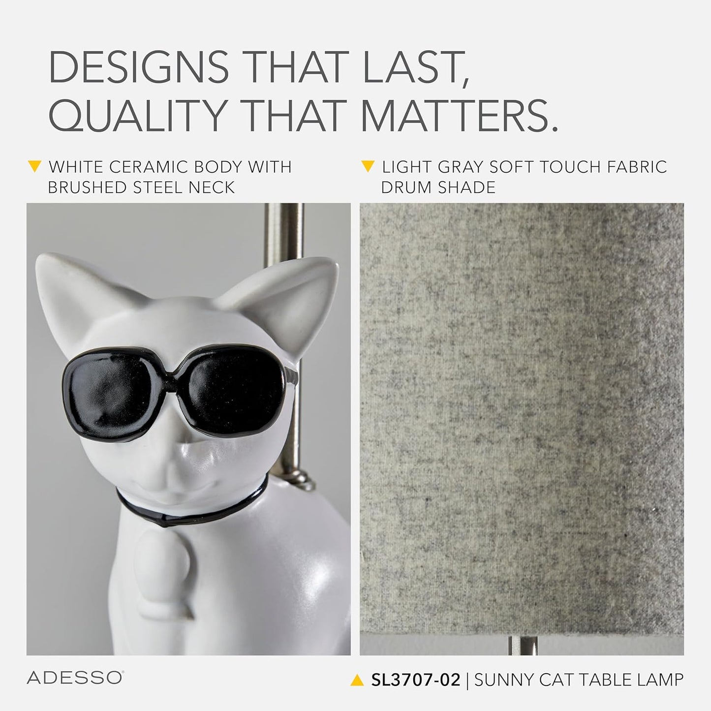 Adesso Sunny Cat Table Lamp – White Ceramic Novelty Lamp for Bedroom and Office Lighting or Living Room Décor, 18” x 10”