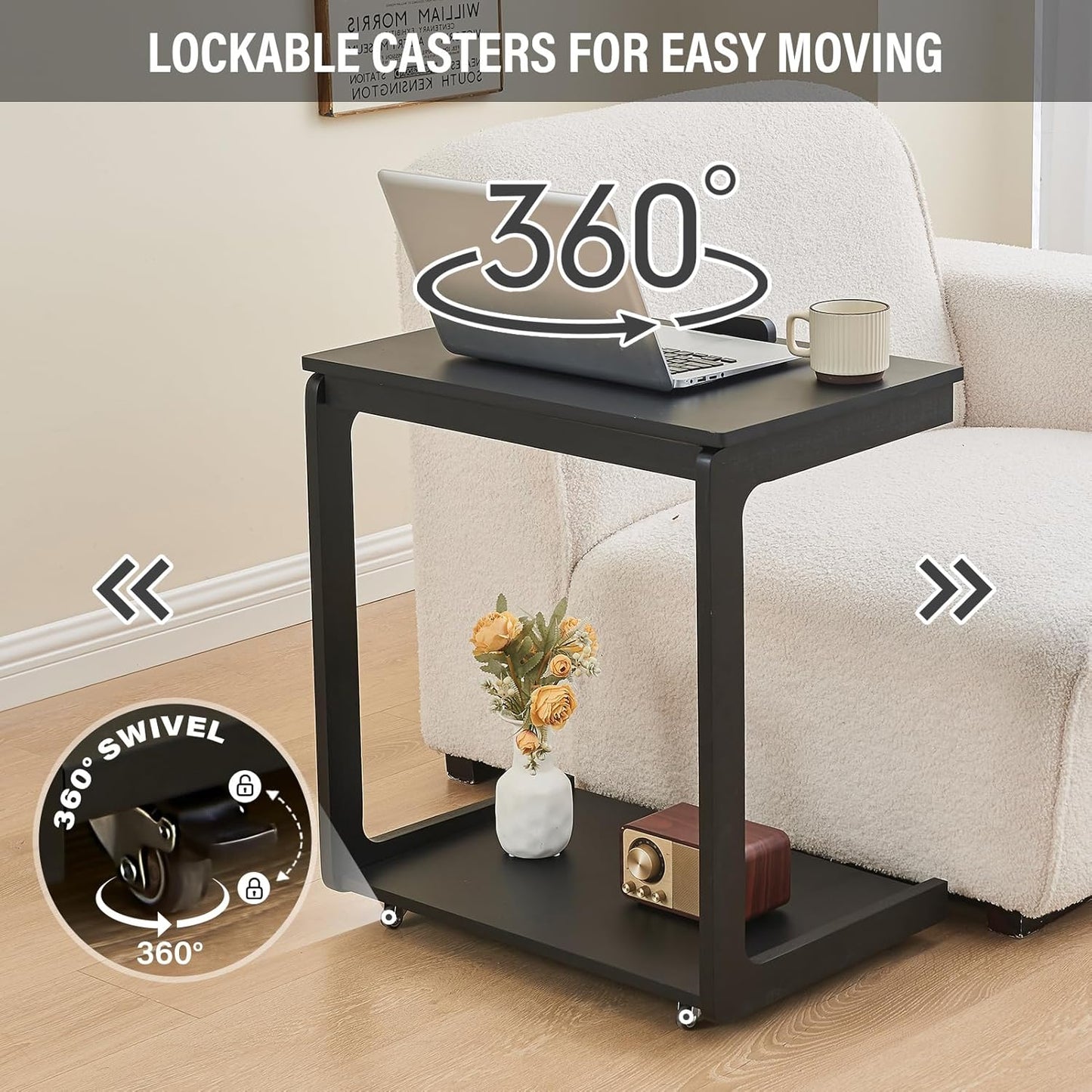 Black Side Table - C Shaped End Table for Couch, Wooden Small Black End Table for Living Room, Couch Tables That Slide Under Sofa, Rolling Side Table with Wheels for Bedroom, Sofa Tray for Laptop