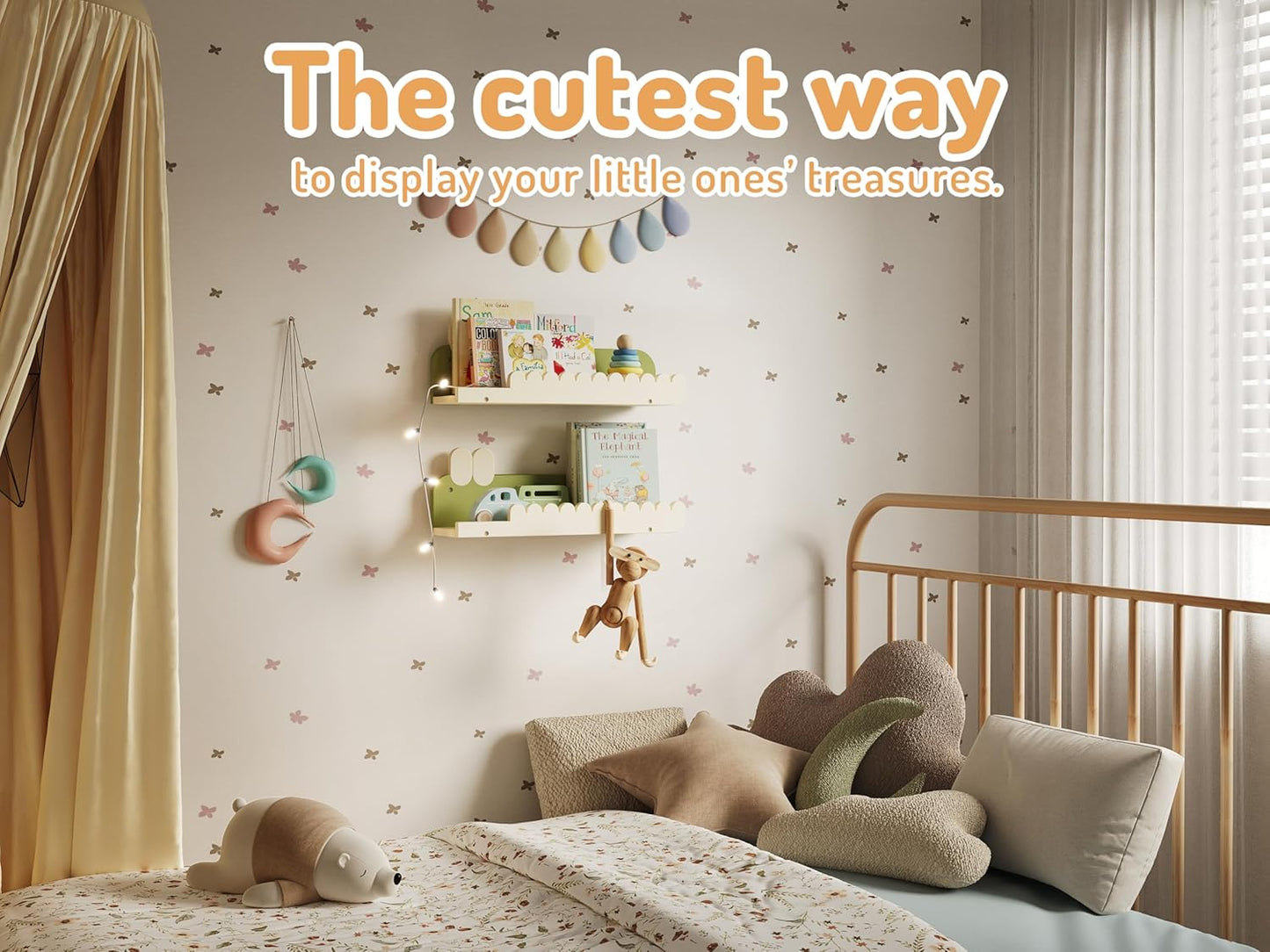 Nursery Floating Shelves, 16.5 Inches Cute Decorative Shelf for Bedroom, Kids' Room, Wall Mounted Wood Bookshelf Organizer for Wall Storage, White/Avocado, Set of 3