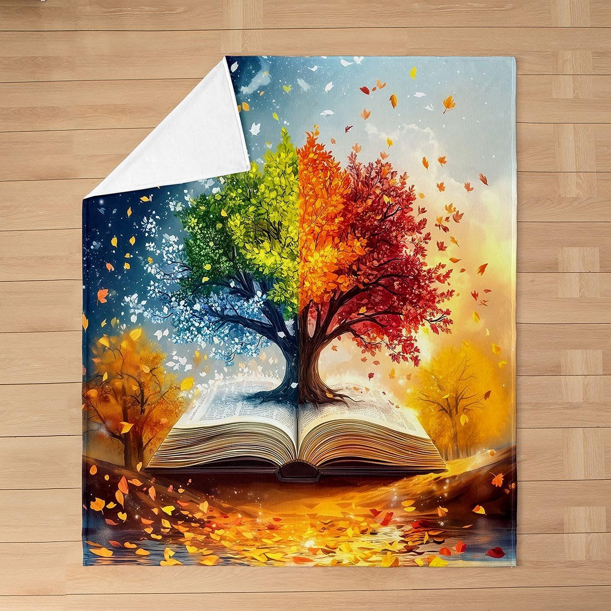 Manfei Life Tree Throw Blanket Lightweight Book Reading Lover Soft Cozy Fluffy for Bed Sofa Couch All Seasons Rustic Style Fall Leaves Bedroom Decor Plush 30"x40"Orange Blue