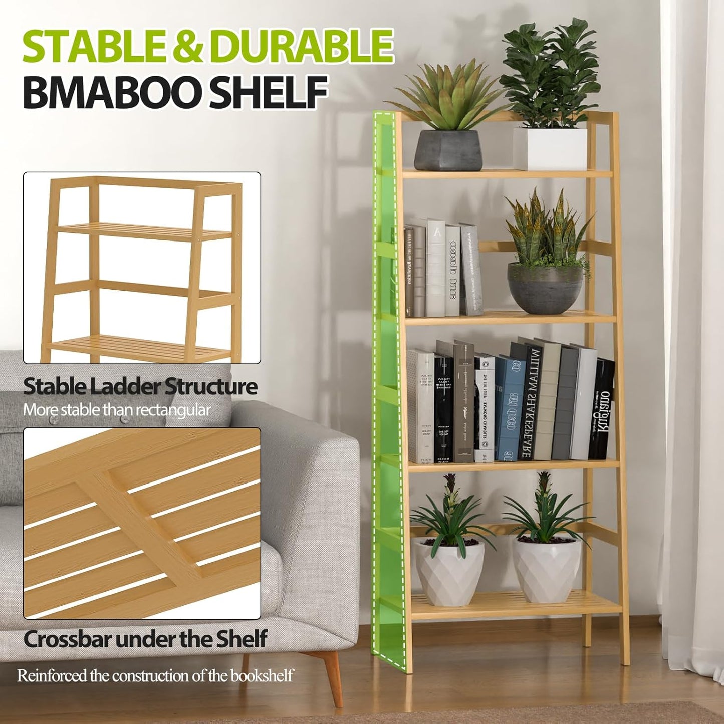 Bamboo Bookshelf, 4-Tier Ladder Shelf Freestanding Space Saver Open Bookcase Book Shelf, Bamboo Storage Shelving Unit Flower Plant Stand for Living Room, Bathroom, Home Office, Natural
