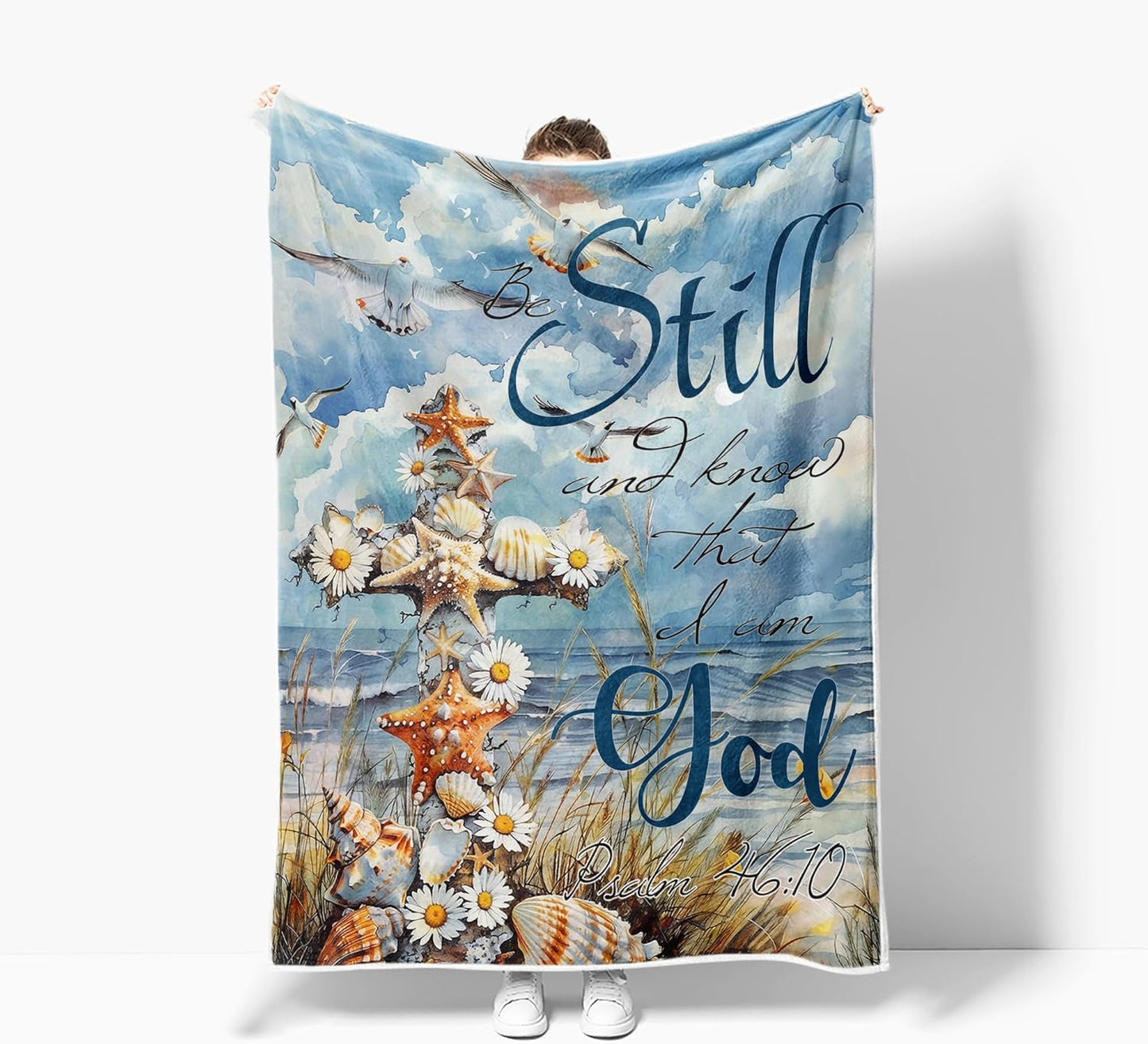 Christian Nautical Coastal Blanket , Bible Verse Inspirational Thoughts Christian Religious Men Women Throw Blankets, Birthday Starfish Seashell Coral Beach Cozy Sofa Couch Bed Room Decor 60X80in