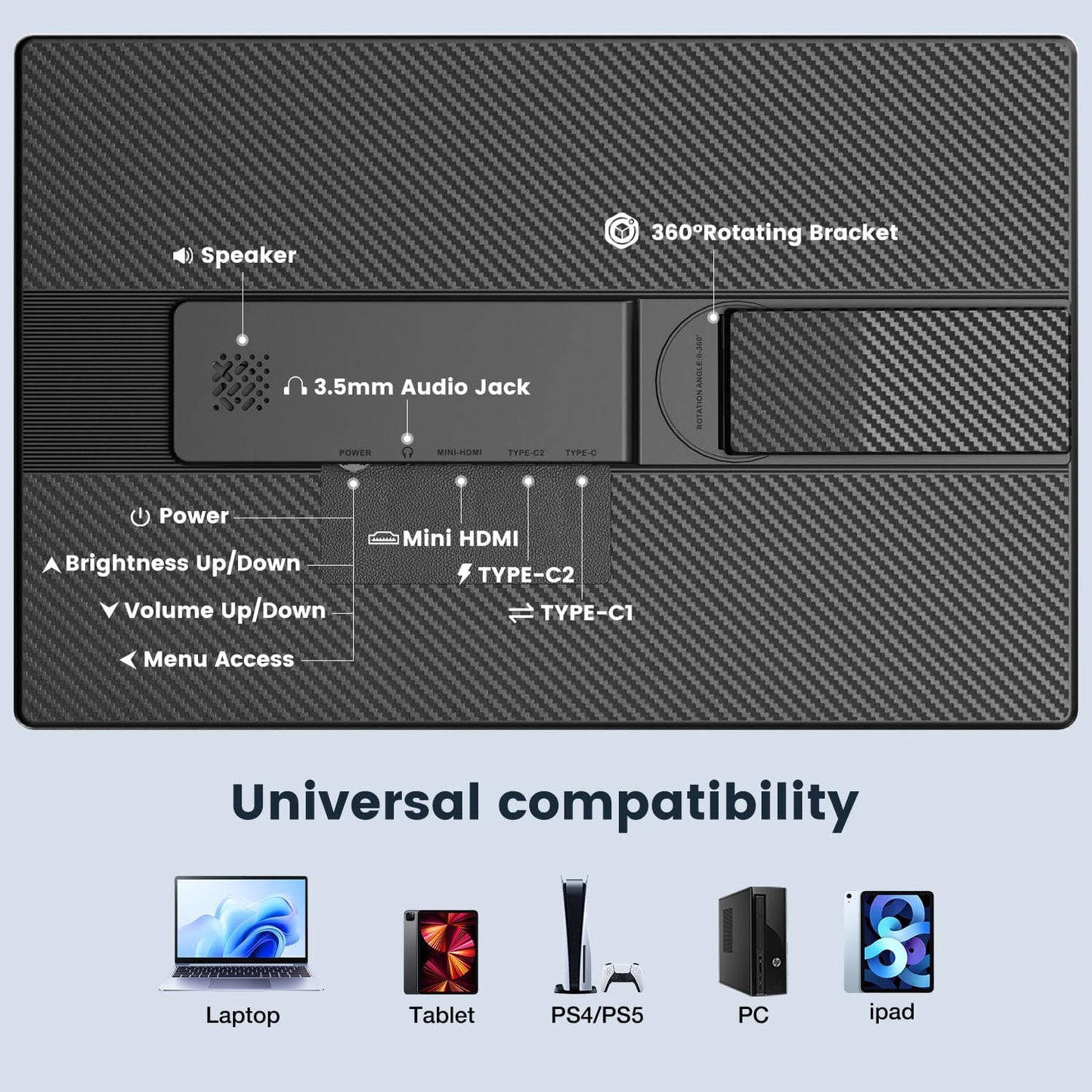 Portable Monitor, 16 Inch FHD 1200P, Horizontal/Vertical Monitor, Plug & Play, Built-in Speakers & Headphone Jack, Travel Monitor for Laptop with Premium Smart Cover
