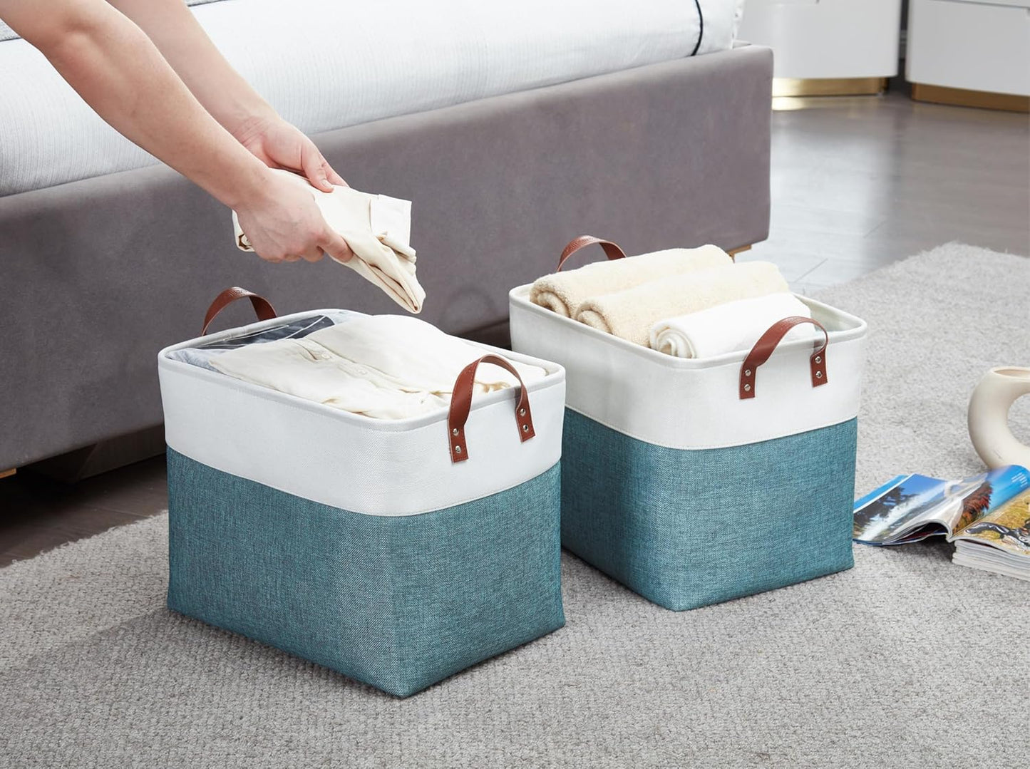 DECOMOMO Extra Large Storage Baskets, Fabric Storage Bins with Handles for Organizing Shelves, Toys, Nursery, Laundry (Green & White, 3pcs)