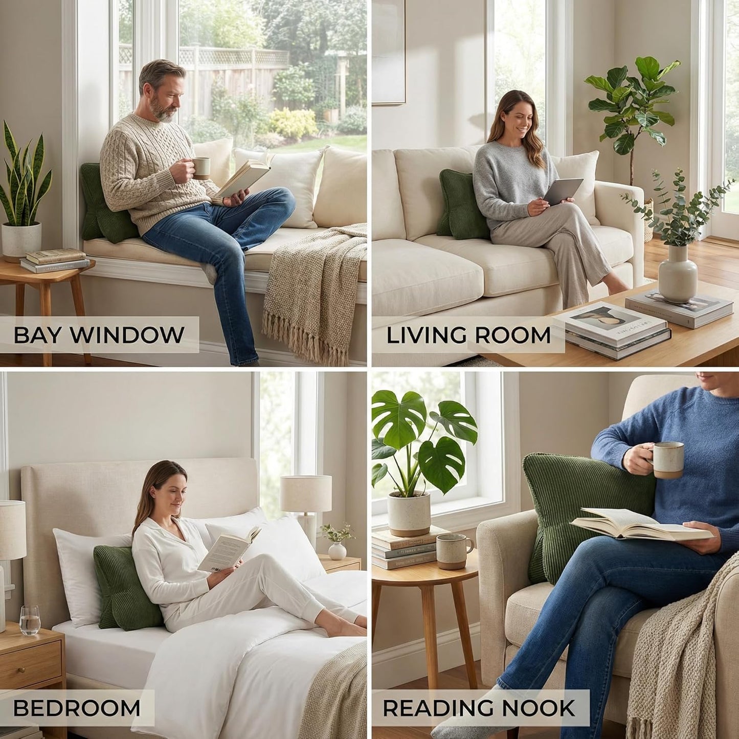 Corduroy Ergonomic Lumbar Support Pillow for Sitting Support, Triangle Back Cushion for Sofa, Armchair & Bed, Washable Cover, Avocado Green