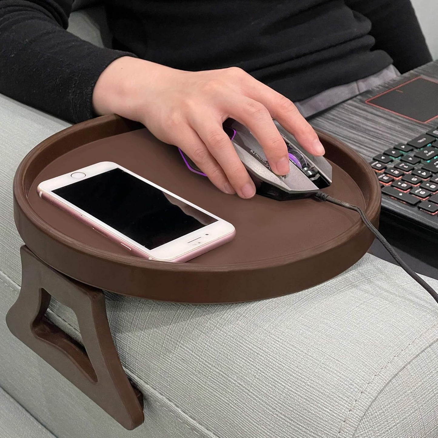 NDL Sofa Armrest Clip Table – No-Slip Couch Tray for Drinks, Snacks, Remote, Gamepads, Adjustable Armchair Table for Living Room, Bedroom, Dorm – Fits Most Armrests