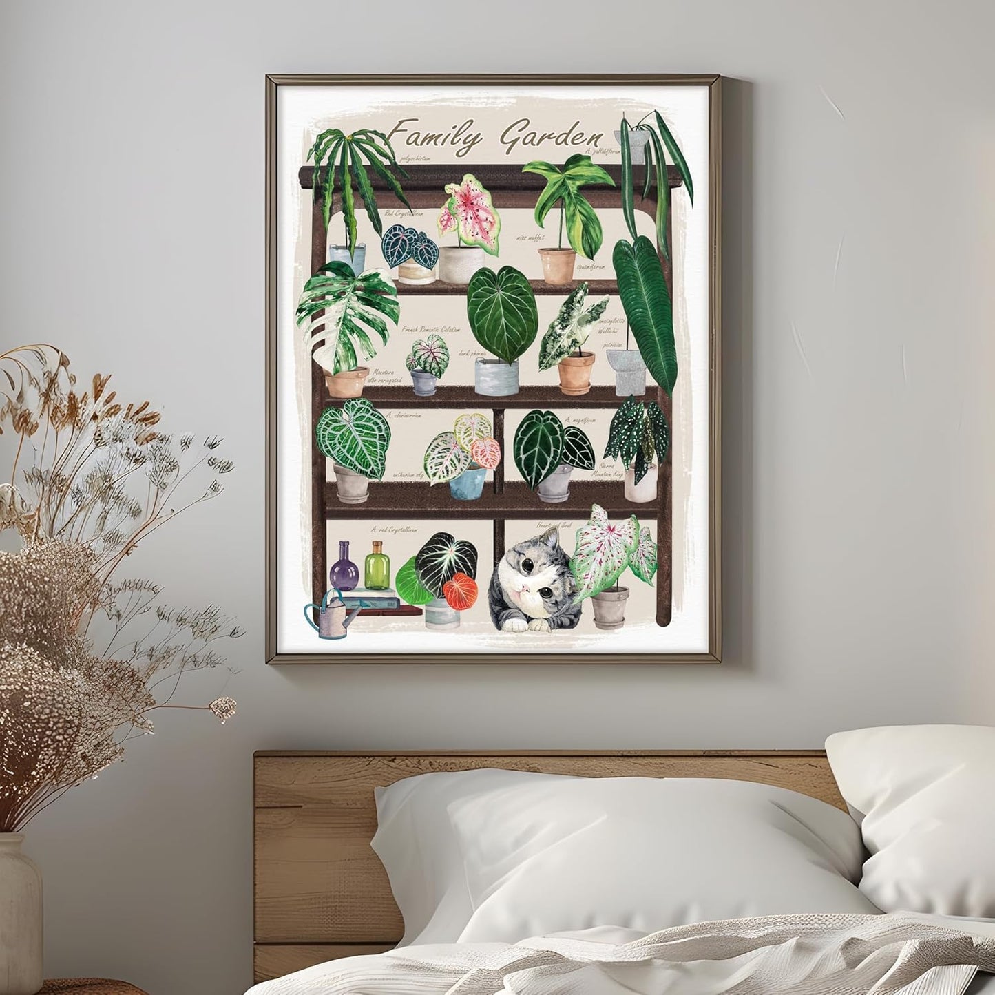 TimAsh Unframed Funny Cat Botanical Wall Art Family Garden Modern Green Plant Decor Tropical Boho Style Cute Kitten Canvas Prints for Bedroom Bathroom Living Room 16'' x 12''