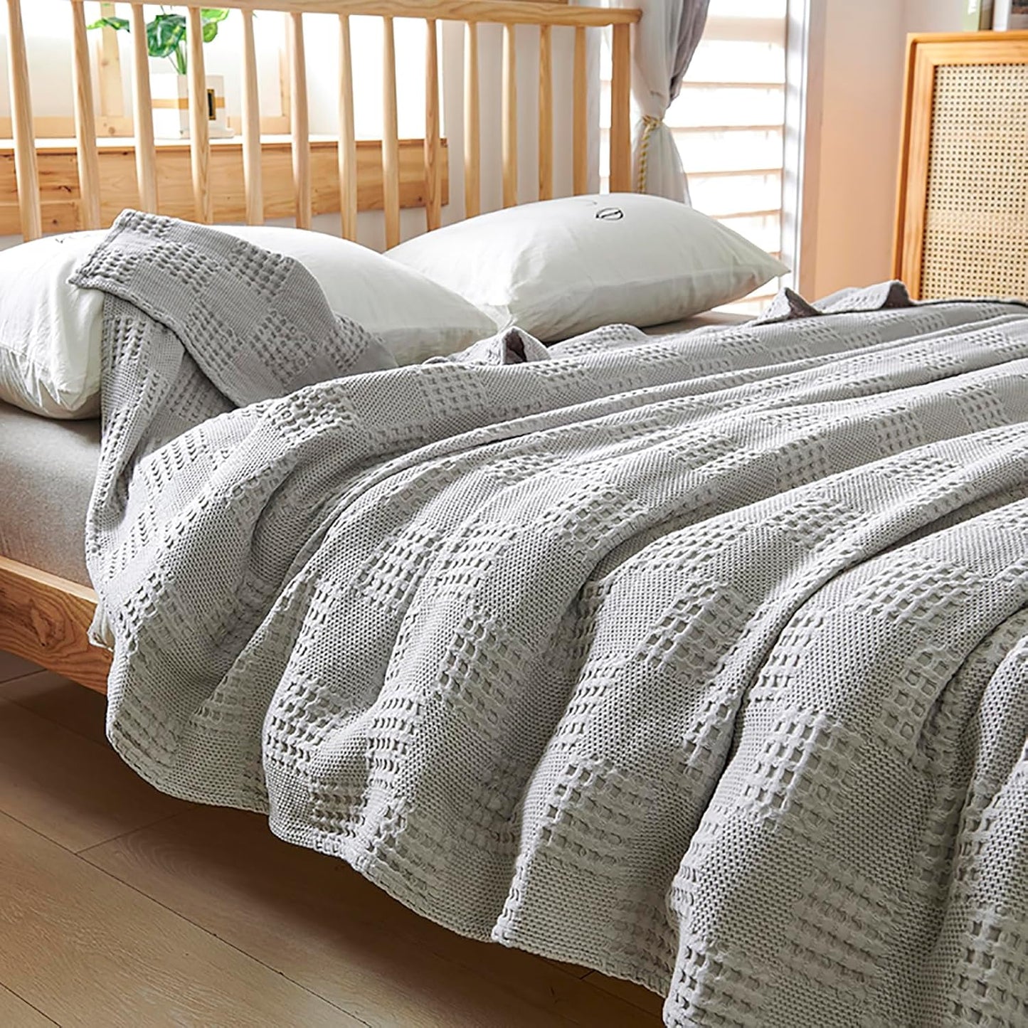 LGYKUMEG 100% Cotton Waffle Throw Blanket,Lightweight Washed Cotton Blanket - Cotton Breathable All-Season Knit Throw Blankets for Bed and Couch,Light Gray,40x60 inch