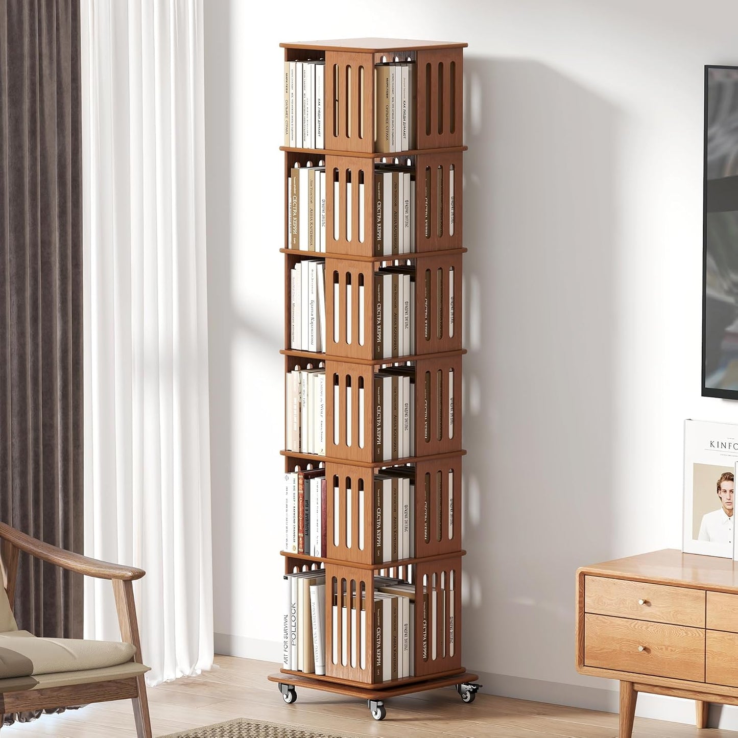 Rotating Bookshelf Tower 6 Tier 360° Bamboo Spinning Bookcase Tall Square Revolving Book Shelf Floor Standing Vertical Space-Saving Storage for Kids Rooms Living Room Bedroom Office - Walnut