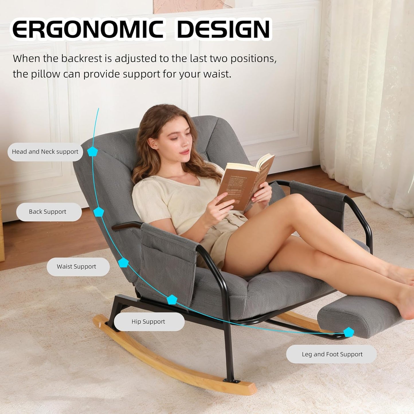 Oversized Reclining Rocking Chair with Foot Rest, 110°–160° Adjustable Backrest, Upholstered Armchair with Side Pocket for Nursery and Living Room, Grey