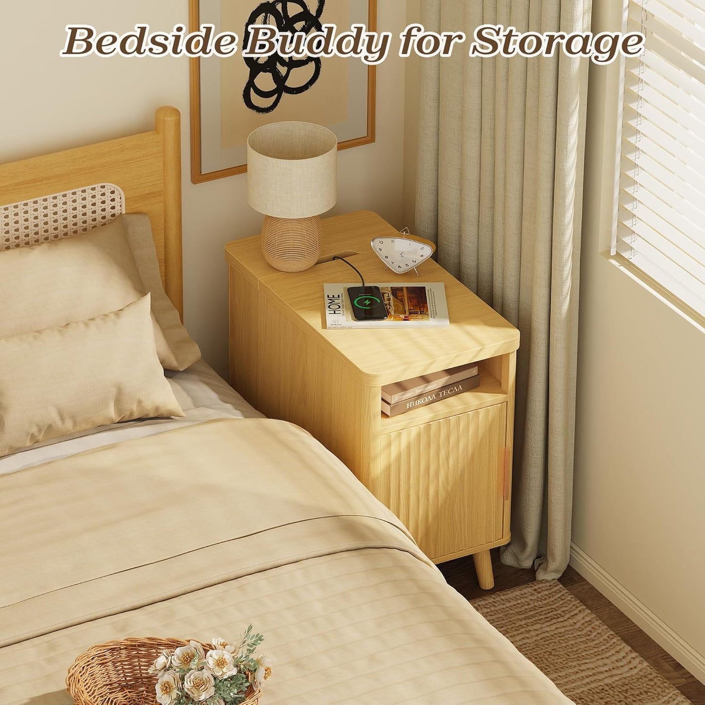 Huuger Narrow End Table with Charging Station, USB-C Port, Fluted Nightstand with Storage Cabinet, Back Rack, Side Table for Small Spaces, 13.4 × 23.6 Inch Night Stand with Storage, Natural