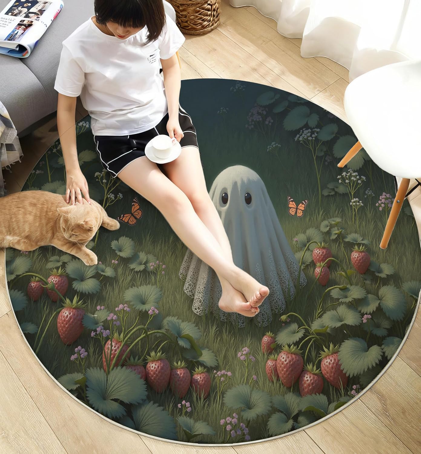 Washable Cute Ghost Strawberry Field Area Rug, 3Ft Round Rugs for Living Room Soft Carpet for Bedroom Dreamy Illustration Indoor Stain Resistant Non-Shedding Floor Carpet, Forest Green, 3Ft-Round