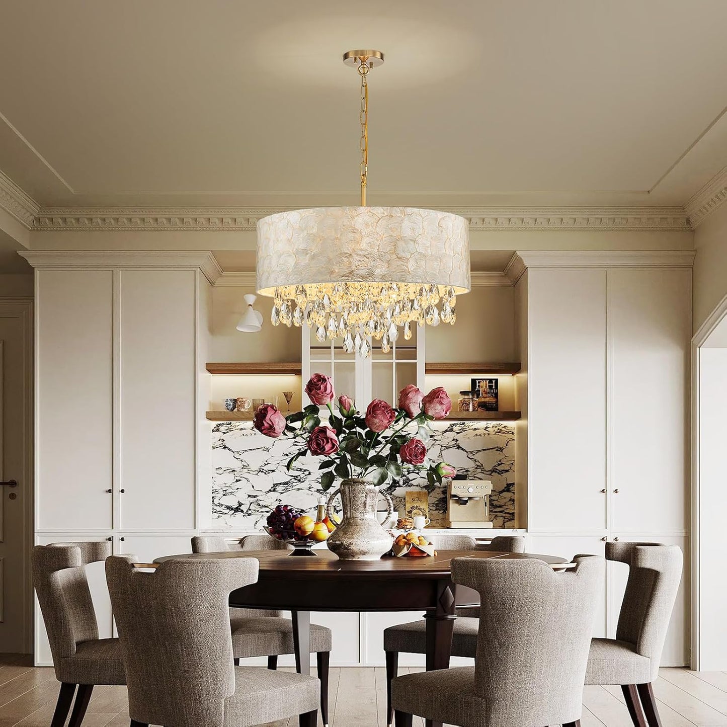 X-Large 6-Light Drum Capiz Shell Crystal Chandeliers, Coastal Style Pendant Light Fixture for Dining Room, Living Room, D24 x H23~71 inch(Adjustable), Shell Lampshade & Gold Finish