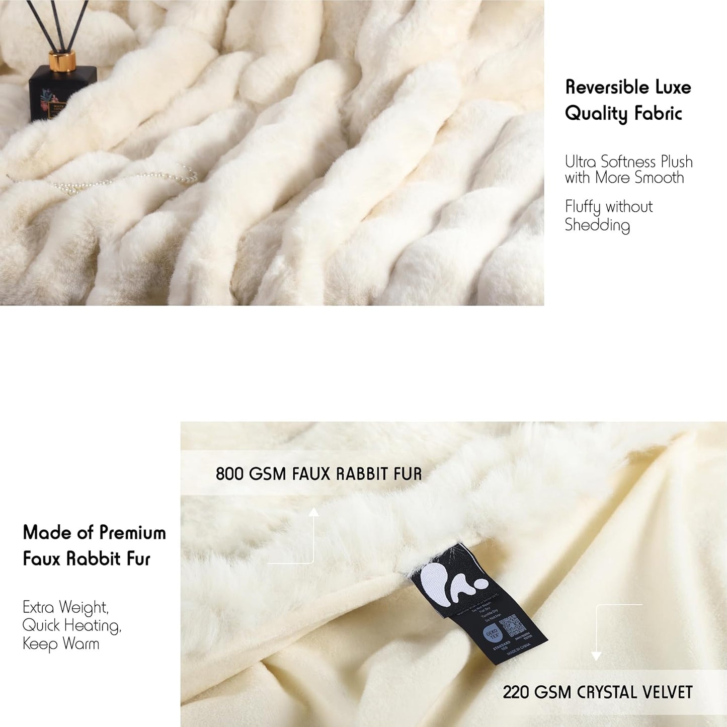 Luxury Faux Fur Throw Blanket, 50"x60" Fluffy Bubble Blanket, 1000GSM Ultra Soft Reversible Rabbit Fur Blanket for Couch Sofa, Cream White