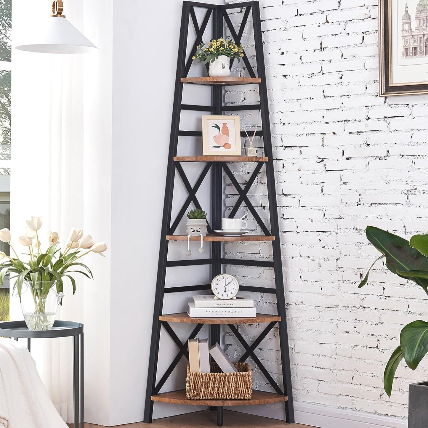 HOMBAZAAR 72 Inch Tall Corner Shelf, 5 Tier Corner Ladder Bookshelf, Tall Corner Bookcase with Metal Frame, Rustic Shelf Stand for Living Room, Bedroom, Office, Rustic Brown