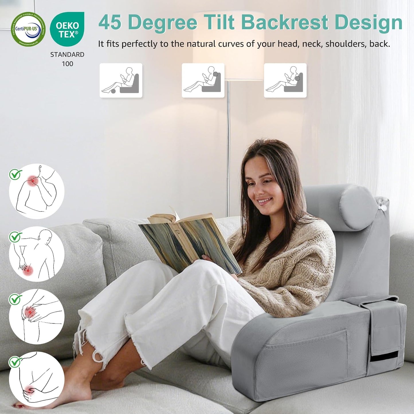 Reading Pillow for Sitting in Bed Adult Multi-Function Grey Back Pillow Bed Chair with Arm Rest Big Pockets, Backrest Support Pillow for Gaming/Resting/TV/Bedrest/Couch/Floor