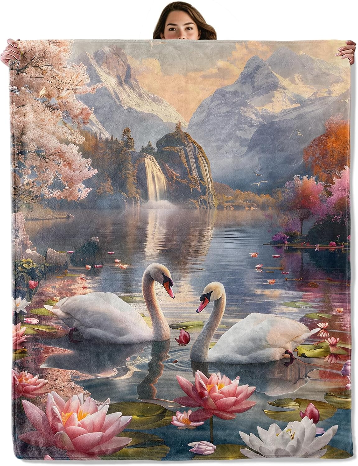 Romantic Swan Lake Throw Blanket – Mountain and Floral Scenery, Cozy Warm Flannel Blankets, All Season Use, Girls Women Gifts, 50x60in, Sofa Office Dorm Travel RV Farmhouse Decoration