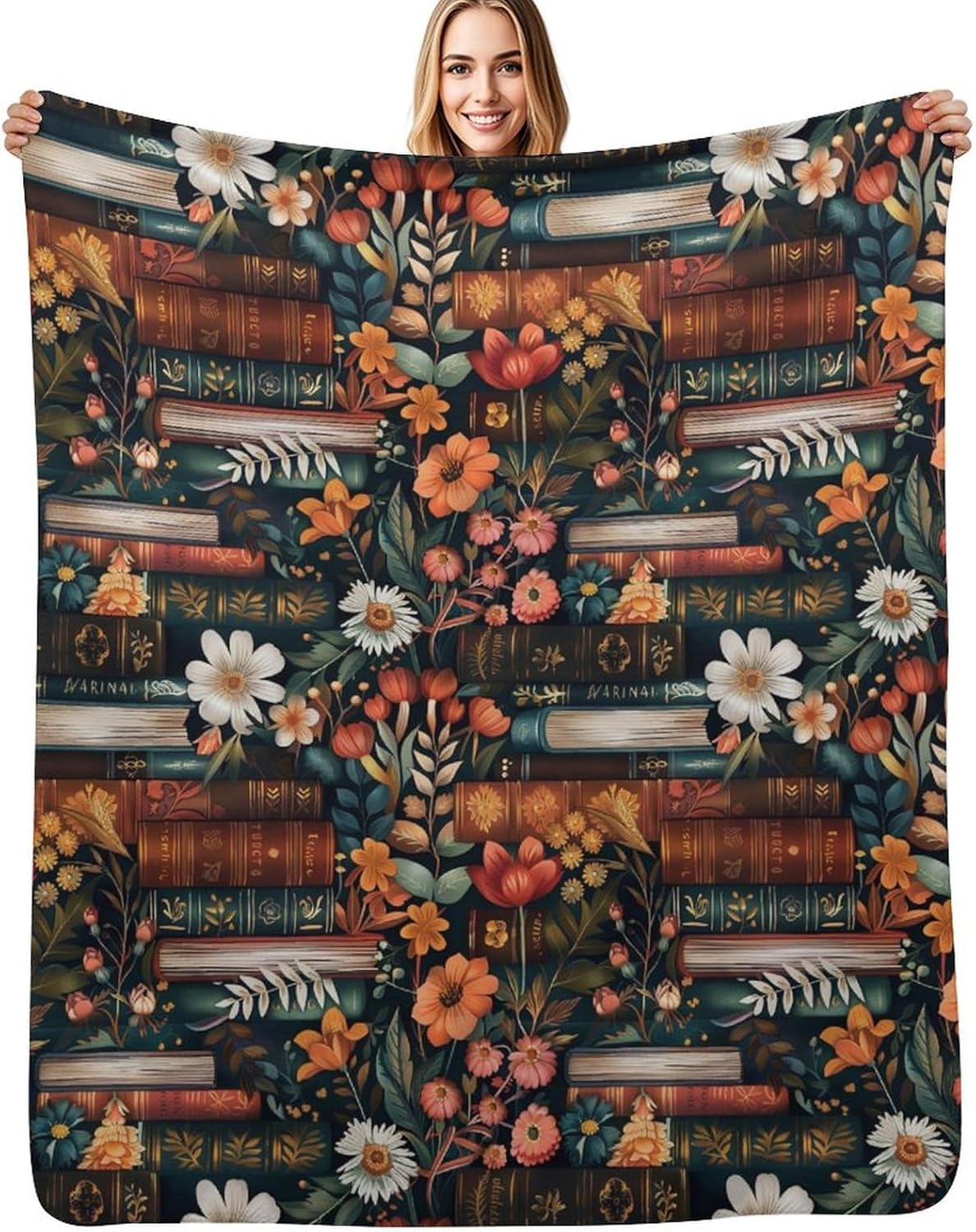 Vintage Book Lover Blanket, Floral Library Print Throw, Soft Cozy Fleece Blankets for Kids Women Girls, Retro Readers Decor for Room Couch & Bed Birthday Gifts 50x60in