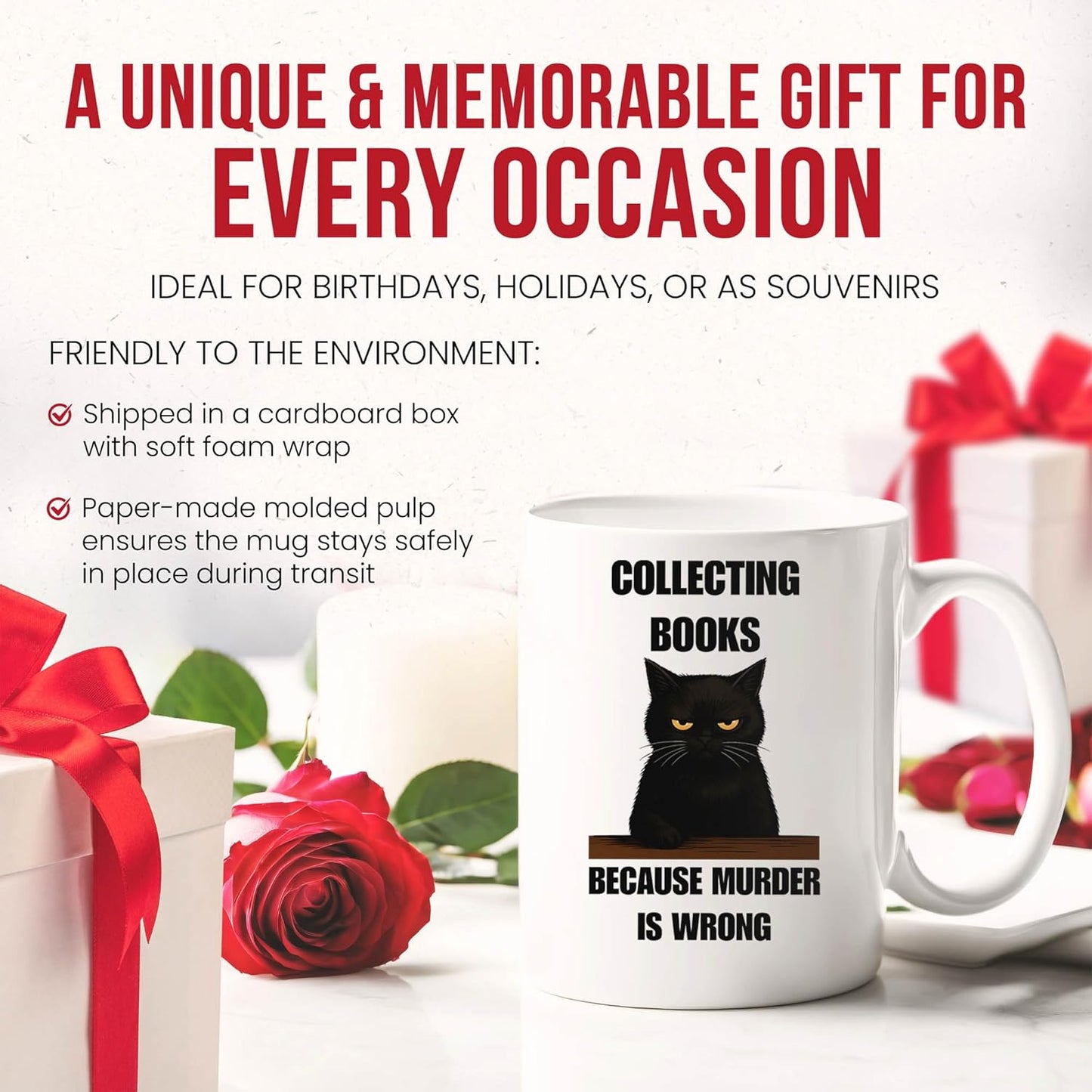 Collecting Books Because Murder Is Wrong Mug - Literary Enthusiast Coffee Cup - Bookworm Funny Gift From - Reading Lover Tea Mugs - Page Turner Cups - 11 Oz Ceramic Gifts For Bibliophiles, Birthday