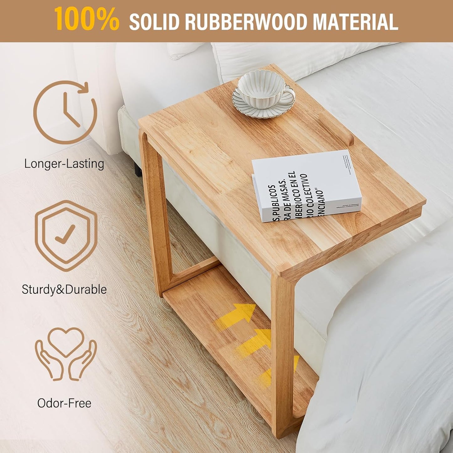 Couch Tables That Slide Under - C Shaped End Table for Couch, Wooden Side Table for Sofa, Small Sofa Arm Tray Desk, Rolling Side Table with Wheels for Laptop/Living Room/Bedroom, Natural