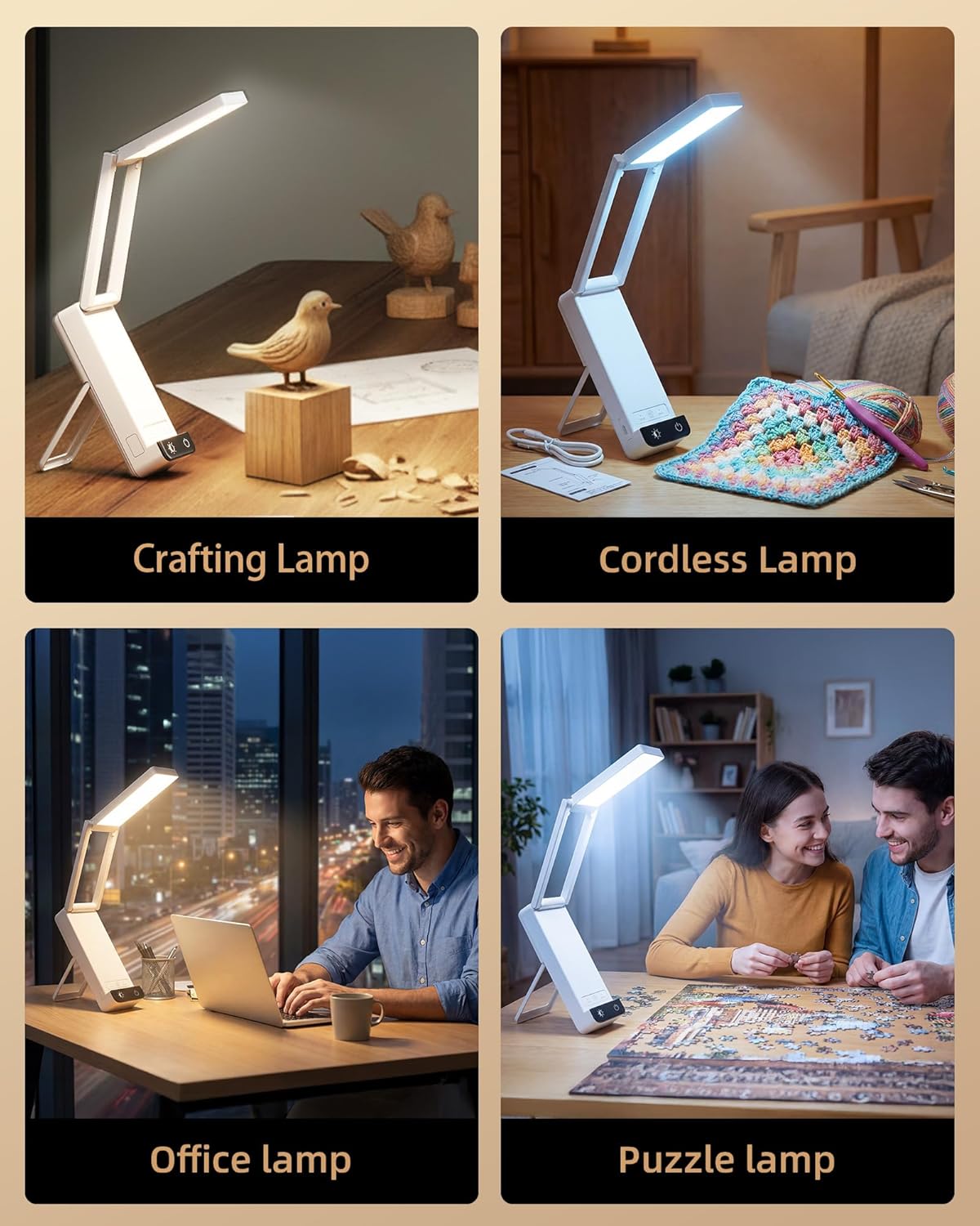 EZVALO Rechargeable Desk Lamp,6000mAh Battery Wireless Light,Cordless Table Lamp for Book Reading,Foldable Mini Lamps&Portable,3 Color Dimmable Small Light for Bed,Nail Light,Craft(White)