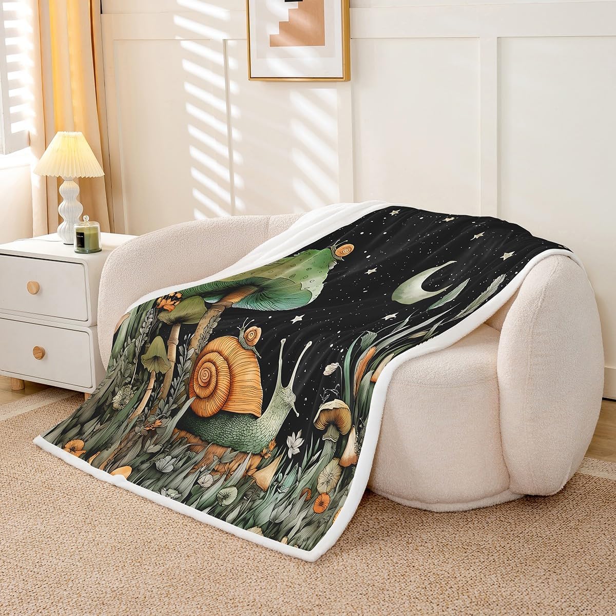 Manfei Mushroom Throw Blanket Snail Plant and Leaves Fleece Blanket Aesthetic Hippie Moon Ster Cozy Throws for Bed Couch Sofa,Kids Boys Girls Room Decor,Soft and Breathable(50 x 60 Inches)