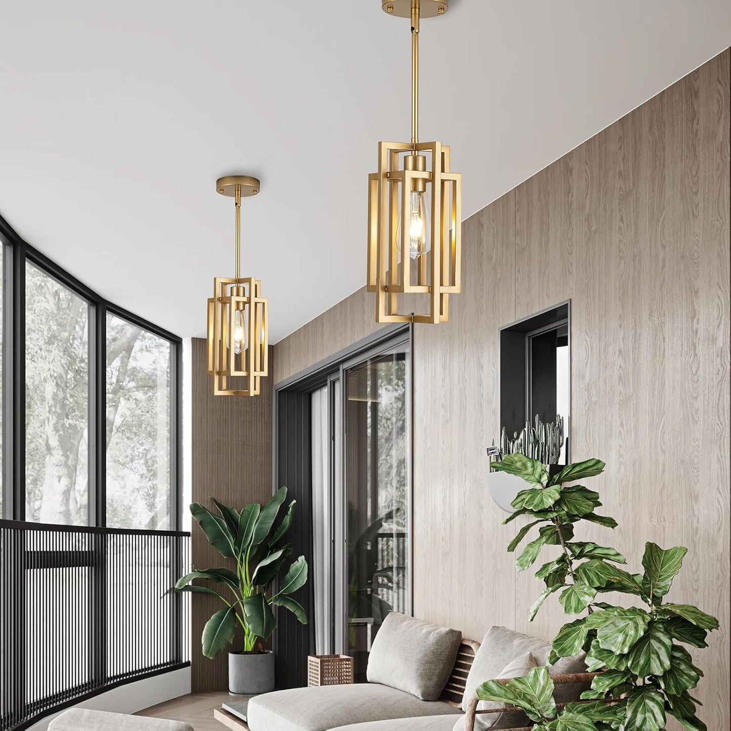 Farmhouse Pendant Light Fixtures, Gold Modern Pendant Lights 59'' Adjustable Small Square Pendant Ceiling Hanging Light for Kitchen Island Dining Room Entryway