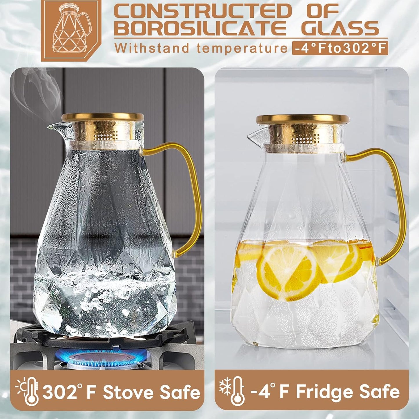 Yirilan Glass Pitcher, 2.2 Liter Water Pitcher With Lid,Iced Tea Pitcher for Fridge,Carafe With Lid, Glass Water Jug For Juice, Milk, Cold Or Hot Beverages, 2 Quart