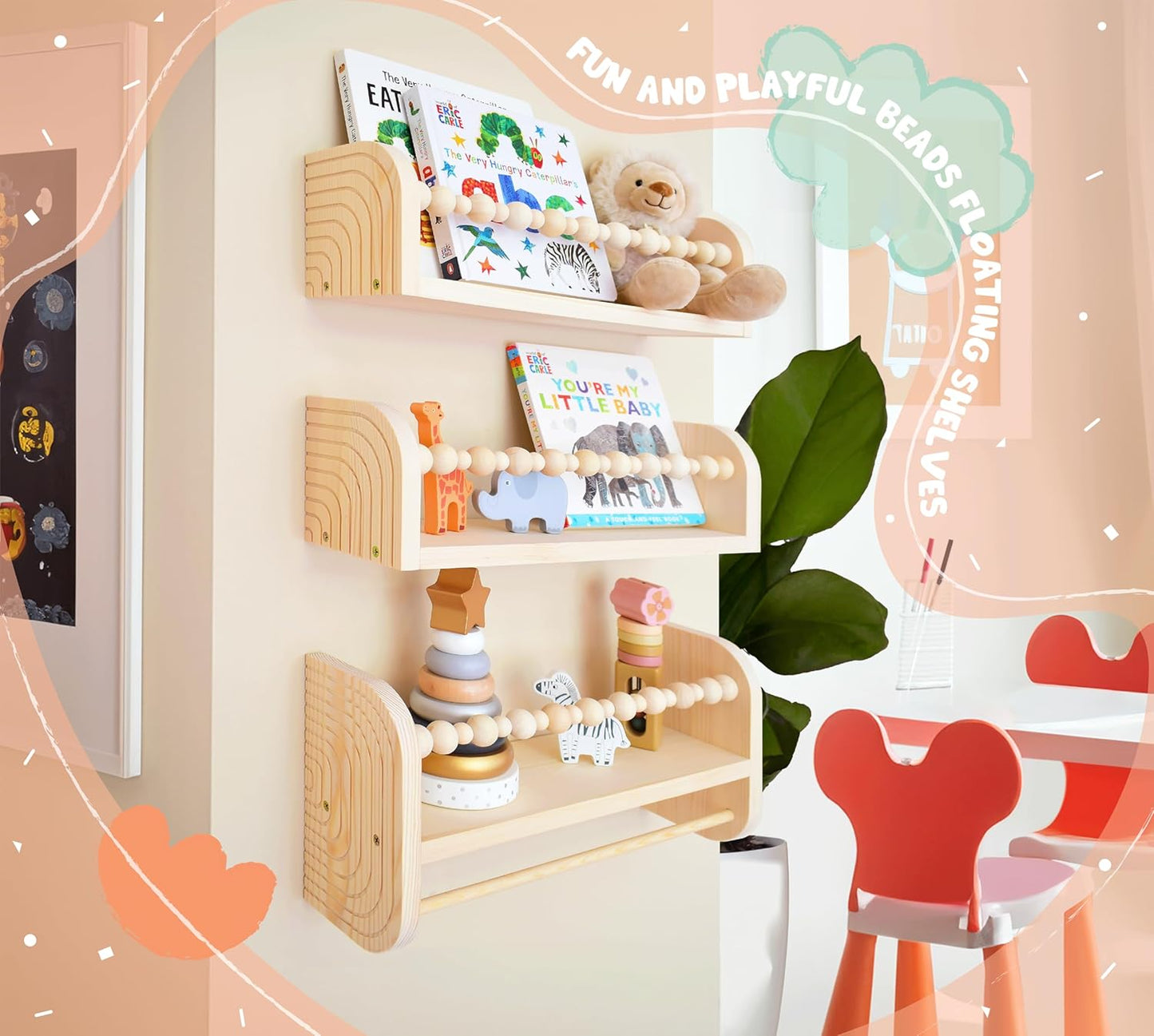 CNK Nursery Floating Book Shelves for Wall Mounted Set of 3 Book Shelf for Kids Room, Toddler Room, Baby Rooms Natural Pine Wood Bookshelf Toy Storage with Rack Playroom Decor
