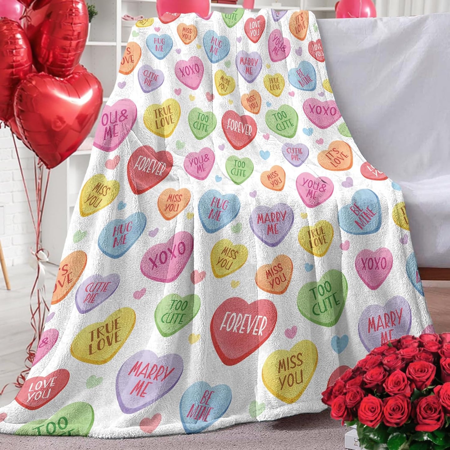 Valentines Day Flannel Throw Blanket, Colorful Love Hearts Anniversary Birthday Gifts for Women Kids Lover Couples, Cute Romantic Words Soft Blankets for Classroom School Bedding Sofa 50" x 60"