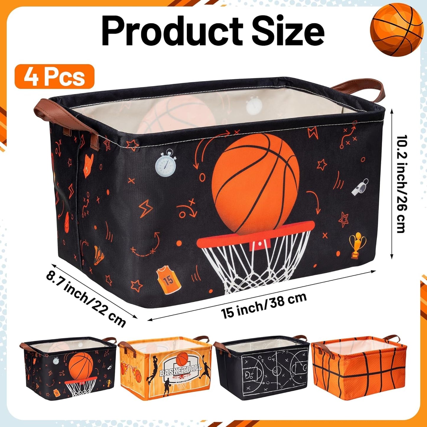 Basketball Storage Basket Bin - 4Pcs Balck Orange Large Fabric Organizer Toy Storage Bins with Handle Waterproof Collapsible Basket Closet Shelf Cloth Container for Nursery Boys Bedroom Home