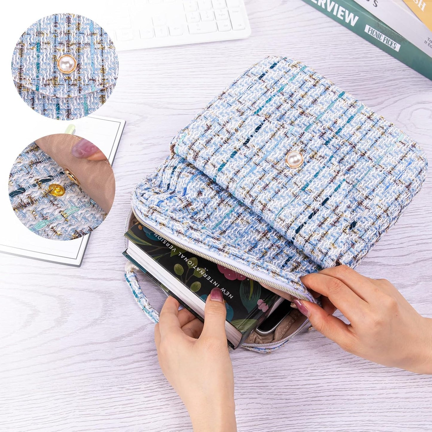 Tweed Book Sleeve with Zipper - Elegant Zipper Book Pouch - Book Sleeve for Book Lovers - Book Protector Bag - Book Bag for Women - Book Carrying Case for Book Accessories, Study Suppliers