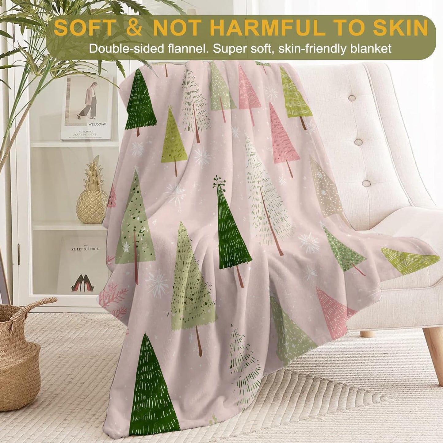 Christmas Tree Decorative Blanket, Hand Drawn Design Pink Background Print Throw Decoration, Soft Flannel Winter Blankets for Couch Bed Sofa, Holiday Home Decor, Xmas Festival Gifts 50x60 Inch