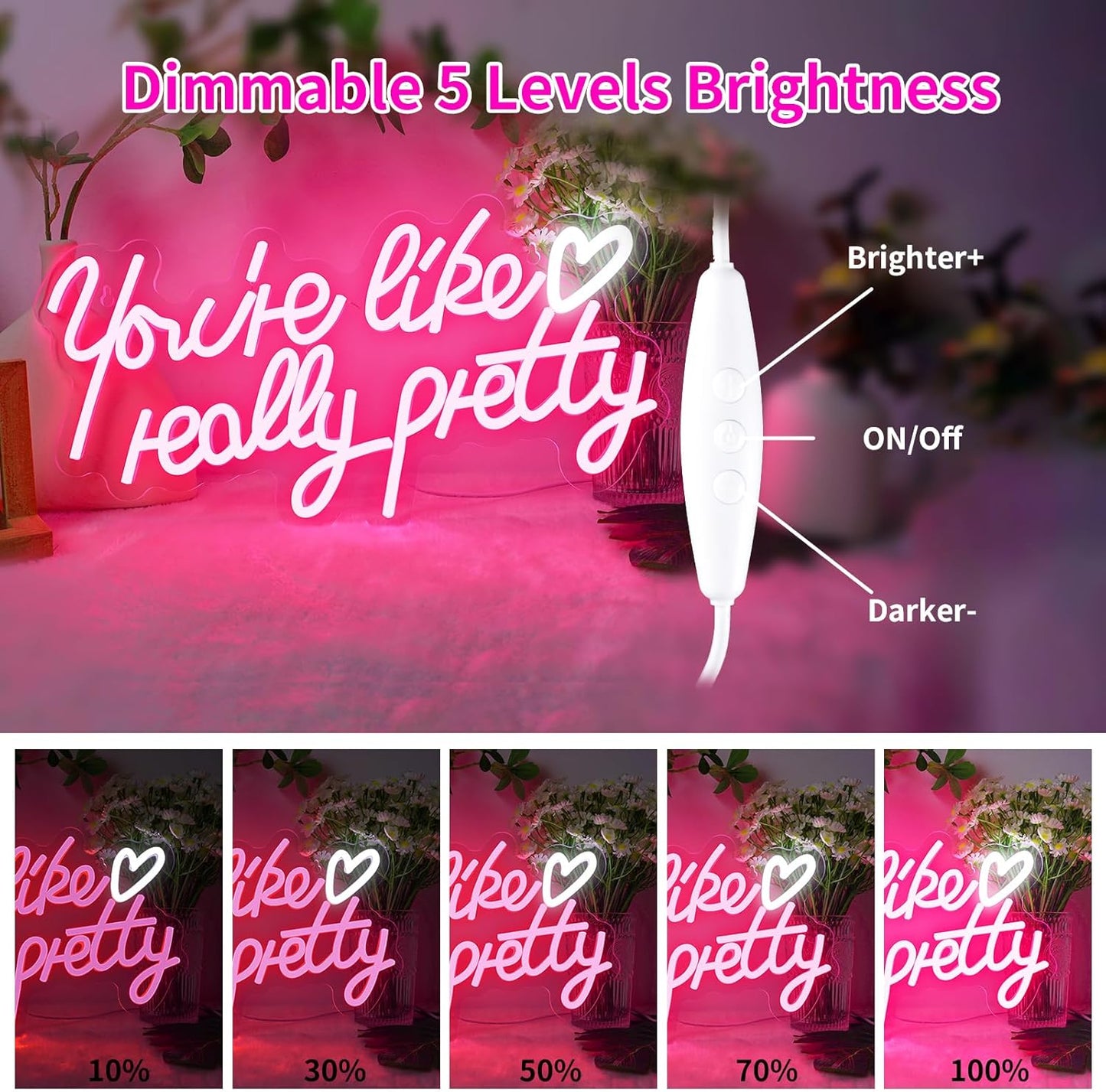 Aslanka You're Like Really Pretty Neon Sign - Pink LED Neon Wall Sign with Heart USB Powered, Dimmable Glow Light Sign for Bedroom Spa Nails Bar Lounge Room Wall Decor Girls Girlfriend Women Gifts