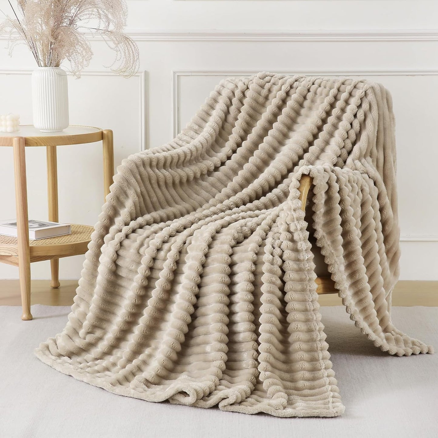 Khaki Throw Blanket for Couch Sofa 60x80 inches Striped Fleece Blankets Room Home Decor Lightweight Plush Soft Cozy Gifts for Women Mom Girls