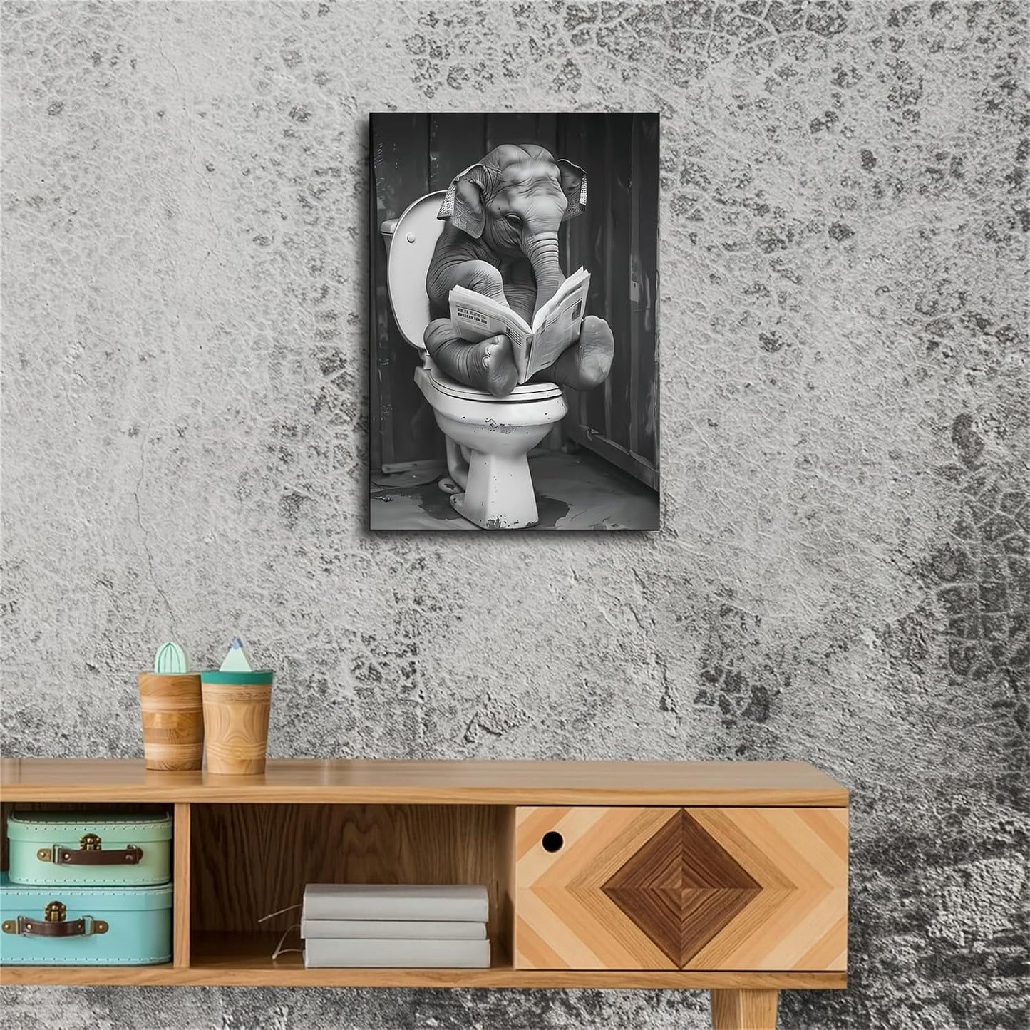 Elephant Reading Newspaper in Toilet Canvas Wall Prints poster Modern Home Aesthetic Decor Wall art for Bedroom Dorm (16x24inch Unframe)
