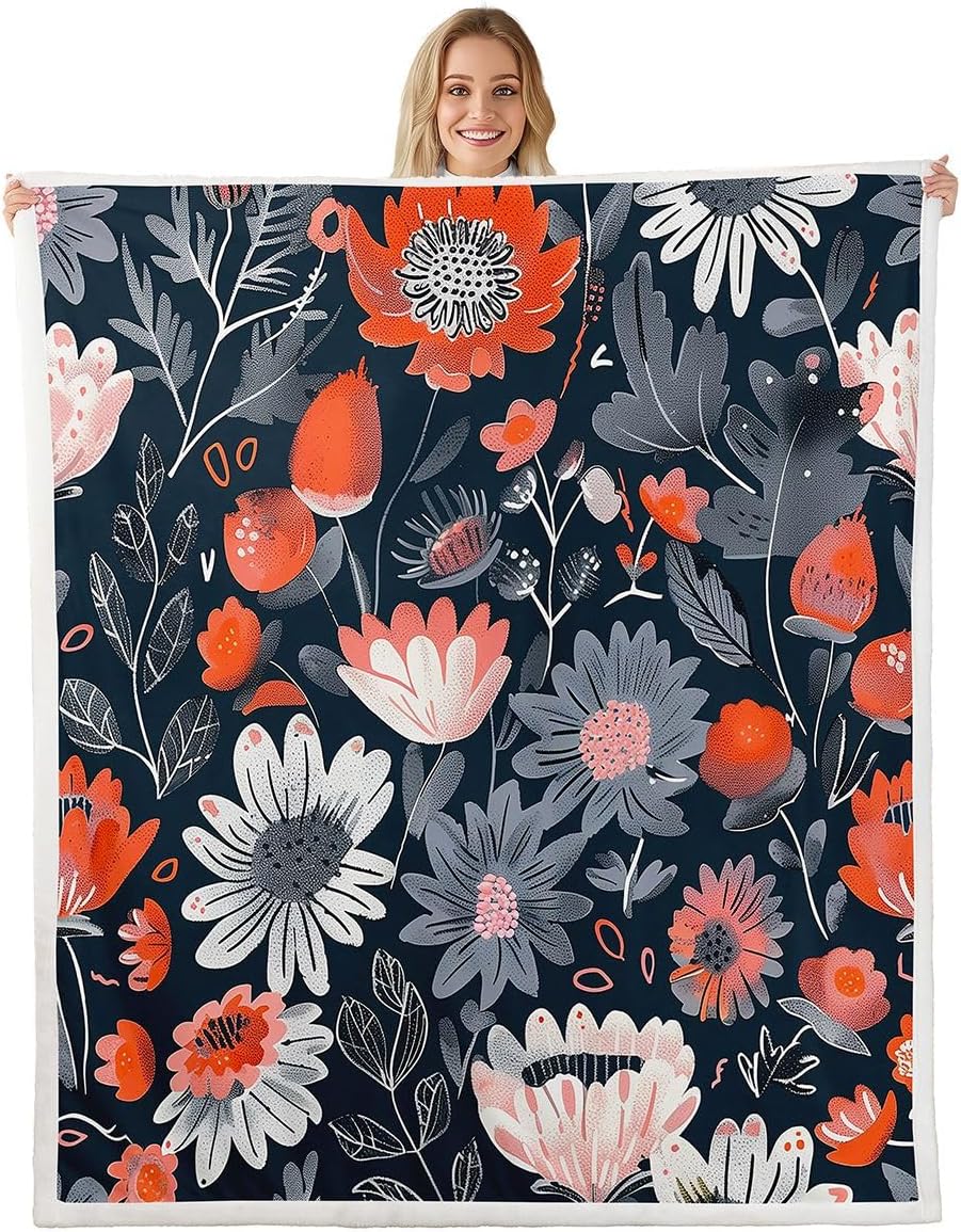 Feelyou Vintage Sherpa Throw Blanket for Couch Boho Neutral Super Soft Cozy Fleece Flowers Blanket for Winter, Plush Throw Throw 50"x60" All Season