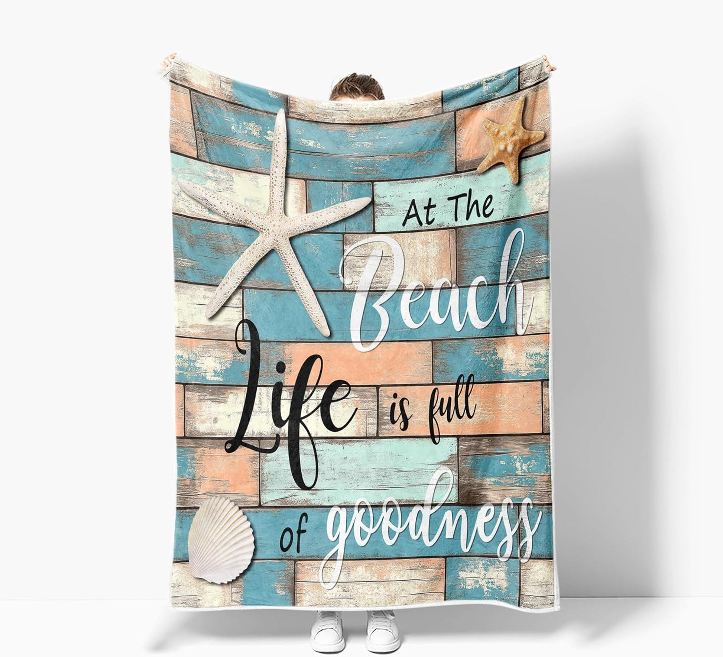 JAWO Beach Throw Blanket, Rustic Vintage Wood Ocean Quote Words Flannel Blanket for Couch Bed Sofa Chair Home Decor, Nautical Coastal Theme Blanket, Cozy Warm Soft Blankets, 50x60 Inch