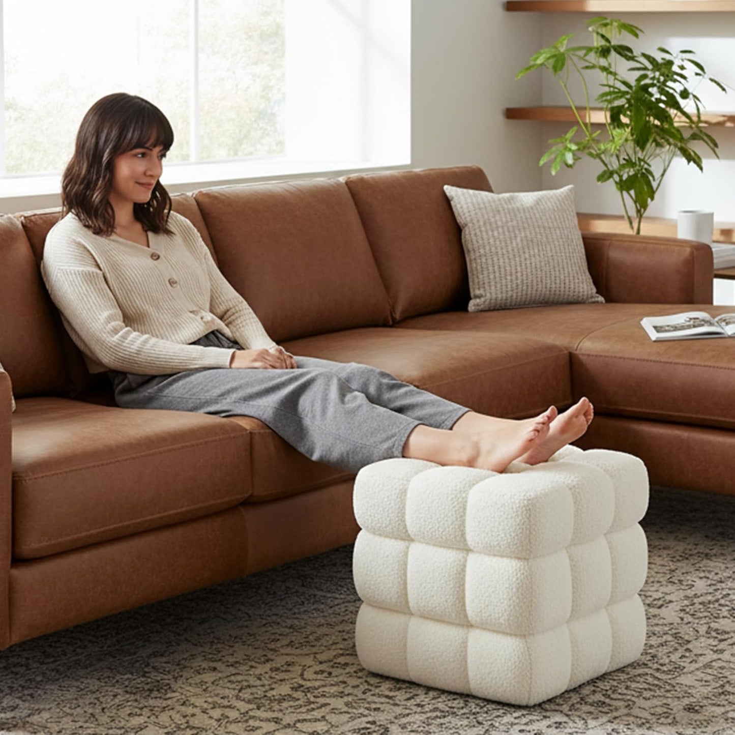 White Square Ottoman 17''3 Cube Pouf Installed,no Vacuum,Sturdy Wooden Frame,Capacity 330 lbs,Modern Sofa Stool Fuzzy Sherpa Footstool,Foot Rest,Cube Boucle,Vanity Stool,for Couch Living Room