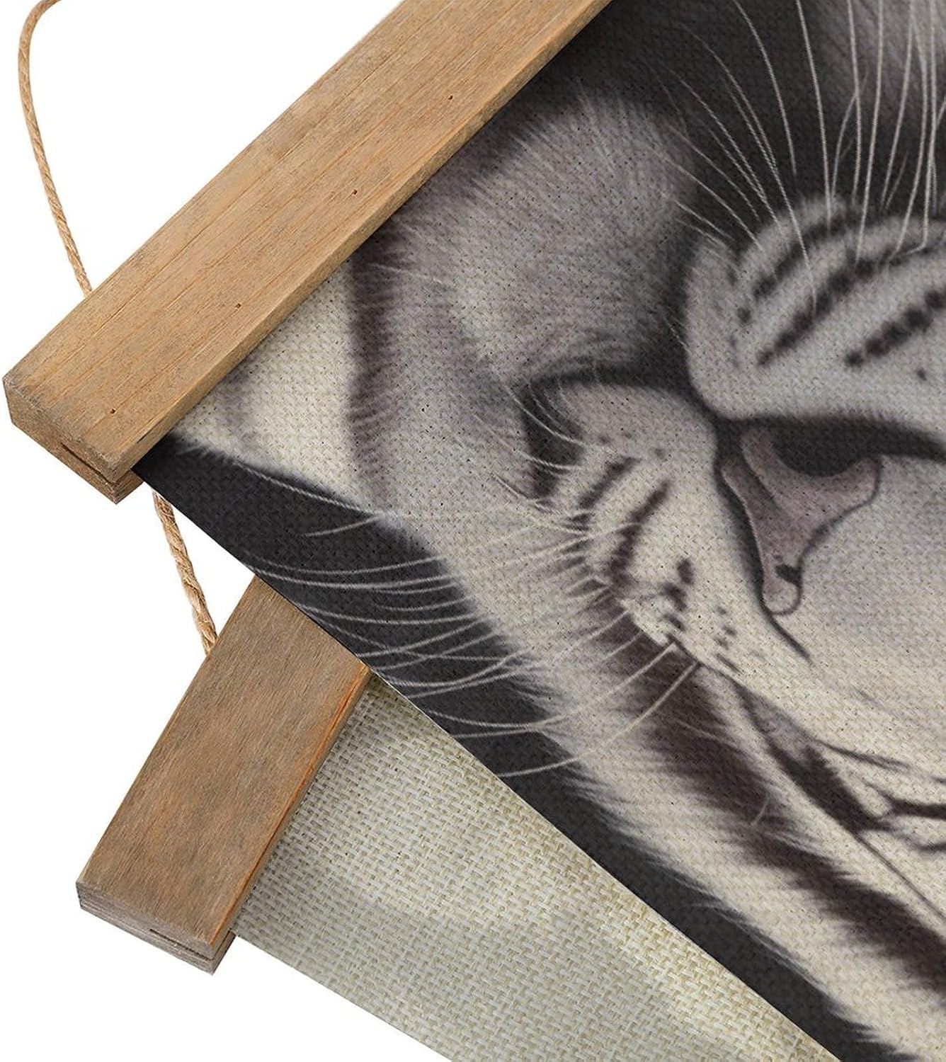 Vintage White Tiger Poster with Wooden Frame Personalized Linen Hanging Scroll Painting Rustic Wall Hanging Illustrative Modern Artwork Decor for Home Living Room Bedroom Office