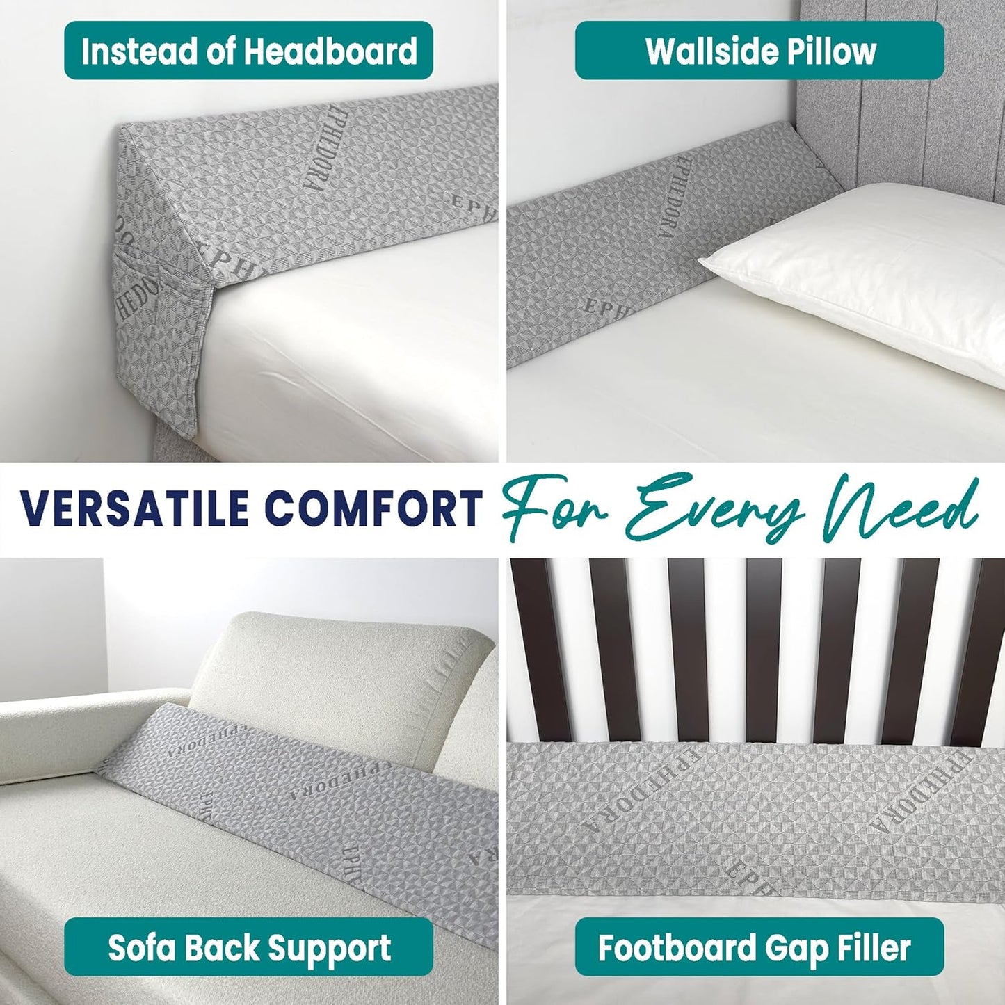 Bed Wedge Pillow for Headboard Gap Filler King Size - High Density Memory Foam Headboard Pillow Wedge Prevents Items Falling - Triangle Mattress Spacer with Pockets