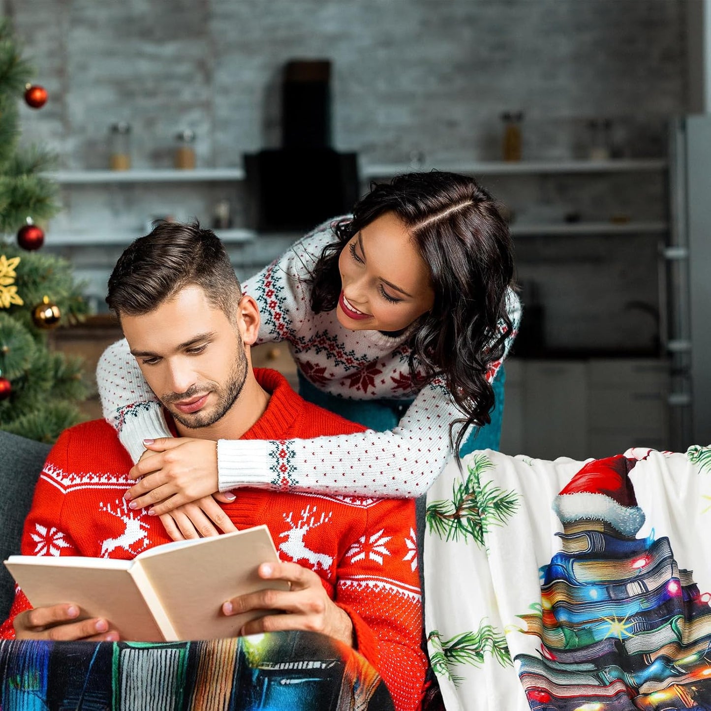 Lounsweer 2 Pcs Christmas Book Lovers Gifts 60" x 50" Reading Throw Blanket for Women Book Tree Flannel Blanket Xmas Winter Party Presents for Men Readers Bookworm Librarian Birthday Graduation